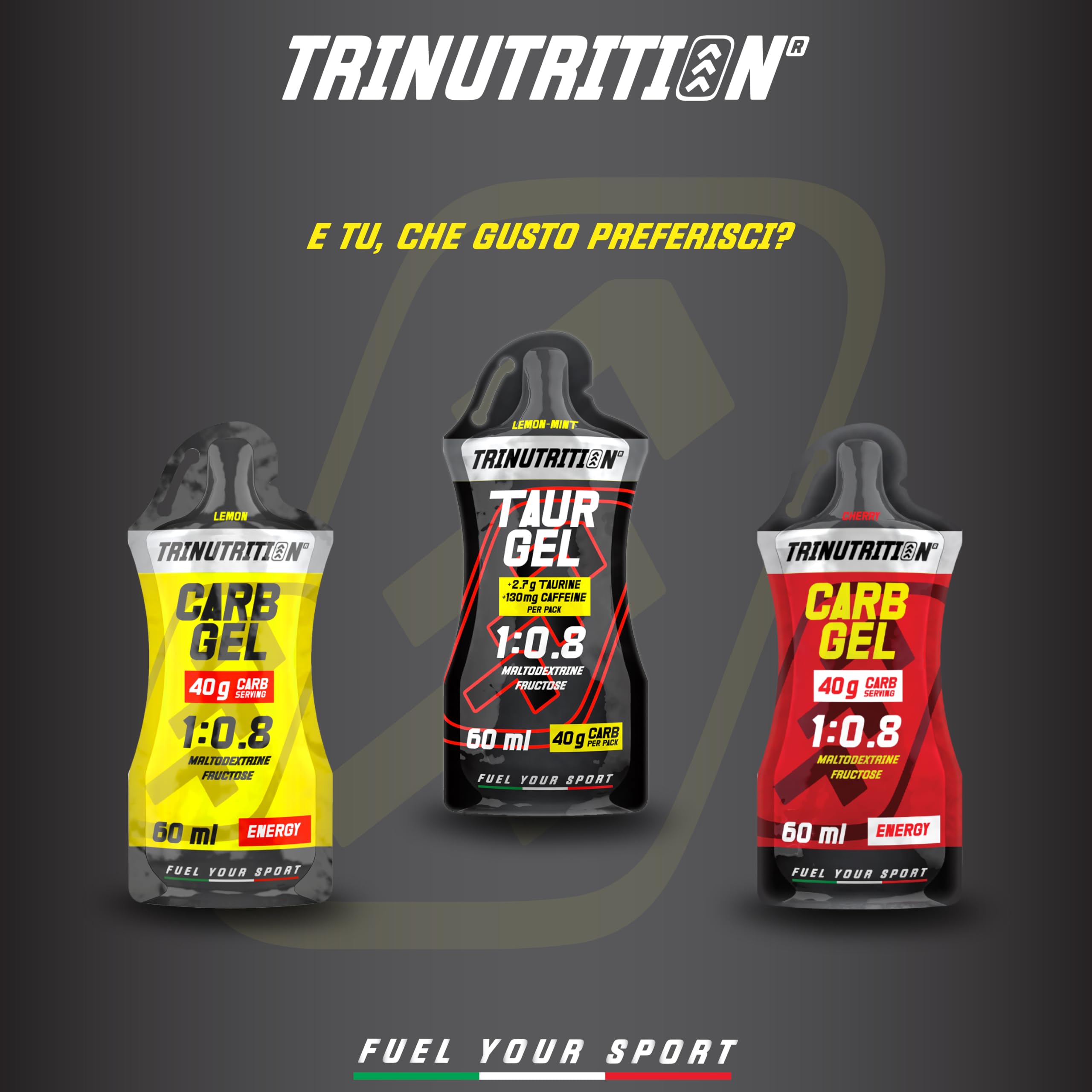 TAUR GEL, Gel Energetico con Taurina e Caffeina, 10 x 60ml, 40g di Carboidrati, Rapporto 1:0,8 Maltodestrine e Fruttosio, Gusto Limone e Menta, Gel per Ciclismo Corsa, Senza Glutine