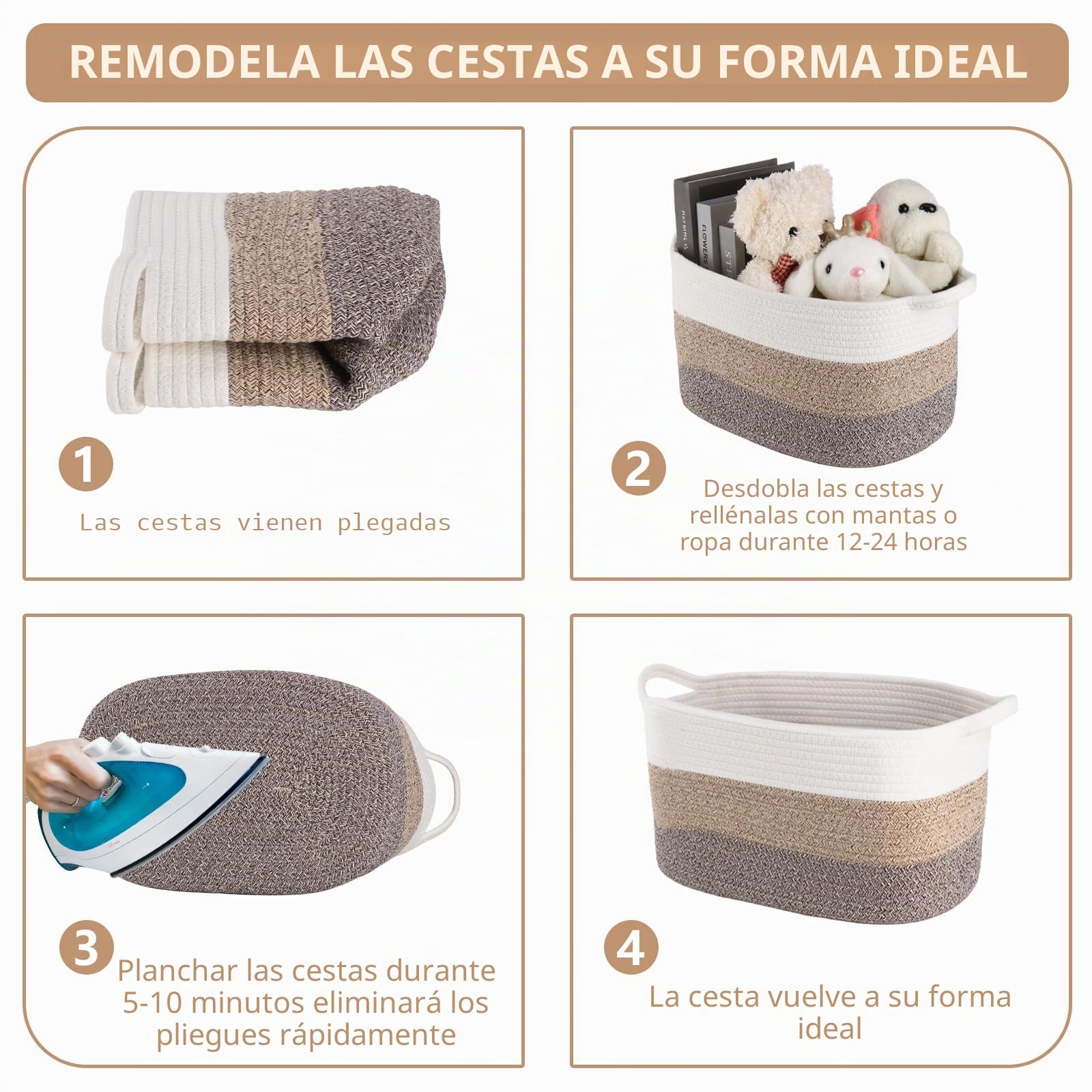 Conjunto de 3 cestas de almacenamiento con correa de algodón (caqui)| Cesta de regalo para bebés, cesta de almacenamiento para juguetes infantiles y cesta de ropa de niños | Cesta de estantería