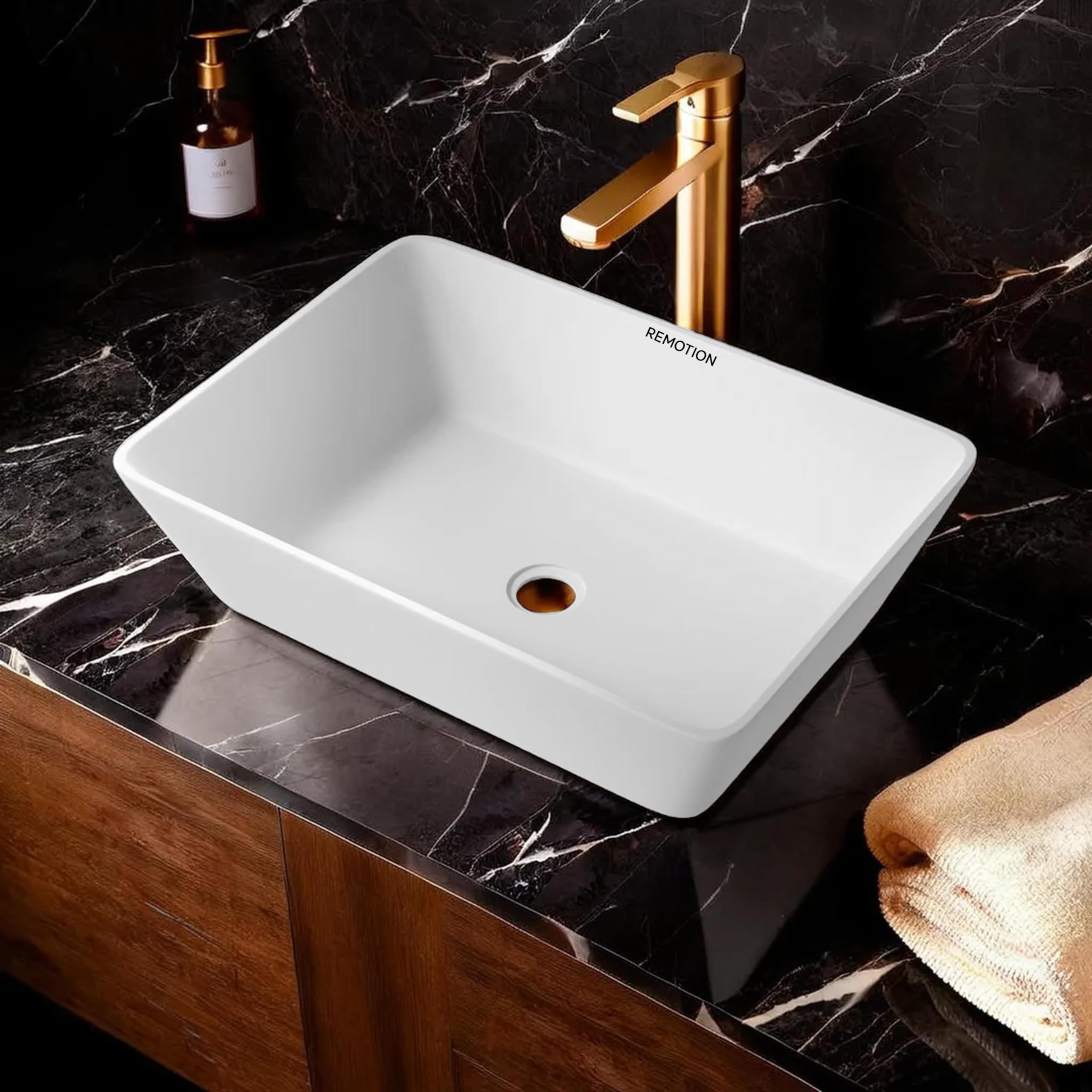 REMOTION Quartz Wash Basin Countertop | Tabletop Quartz Sink | Wash Basin Over Counter | Vessel Sink | Wash Basin for Bathroom (18 x 13 x 5.5 Inch) (White) 2