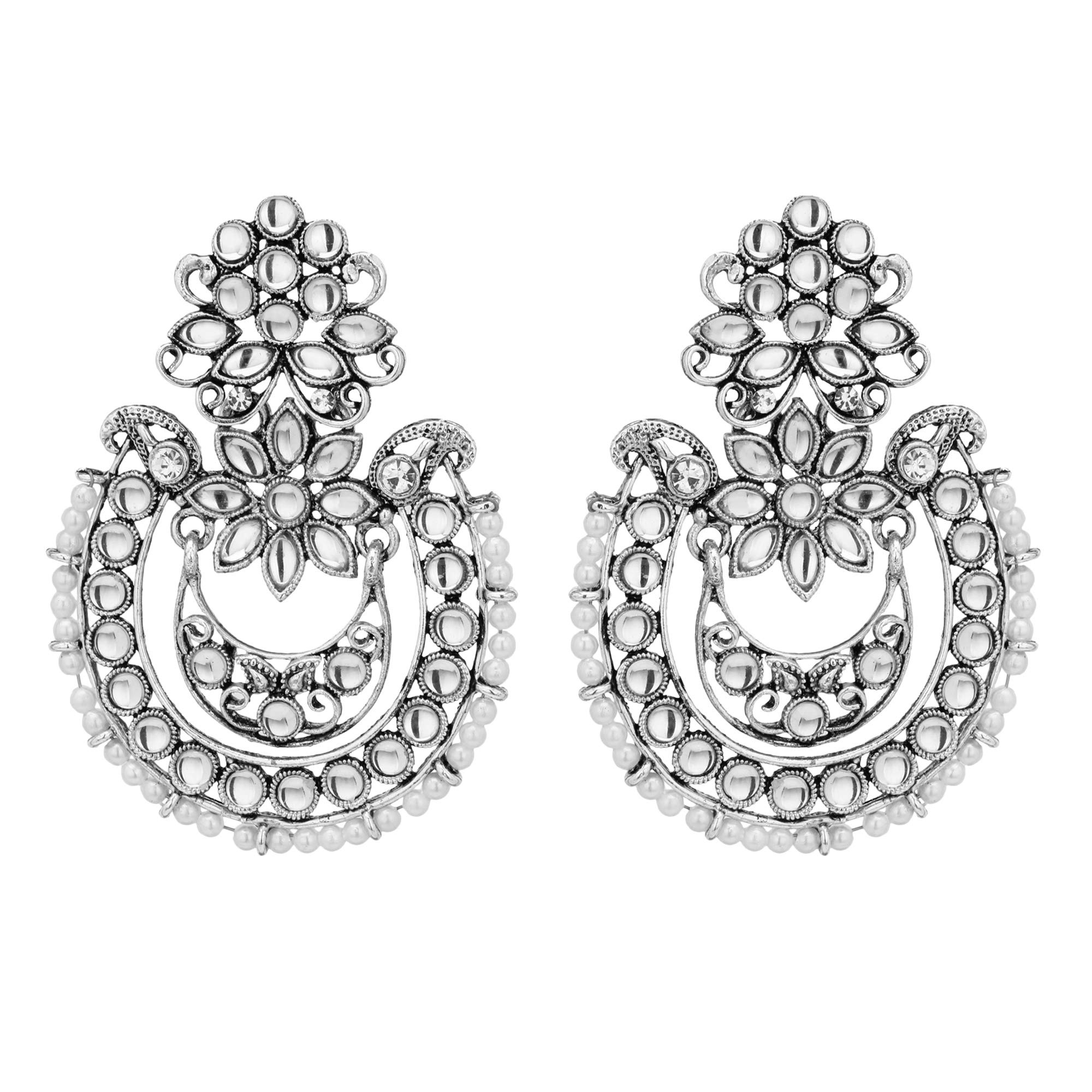Shreyadzines Wedding Oxidized Silver Kundan Pearl Dangle Jhumka Jewelry Earrings for Women and Girls