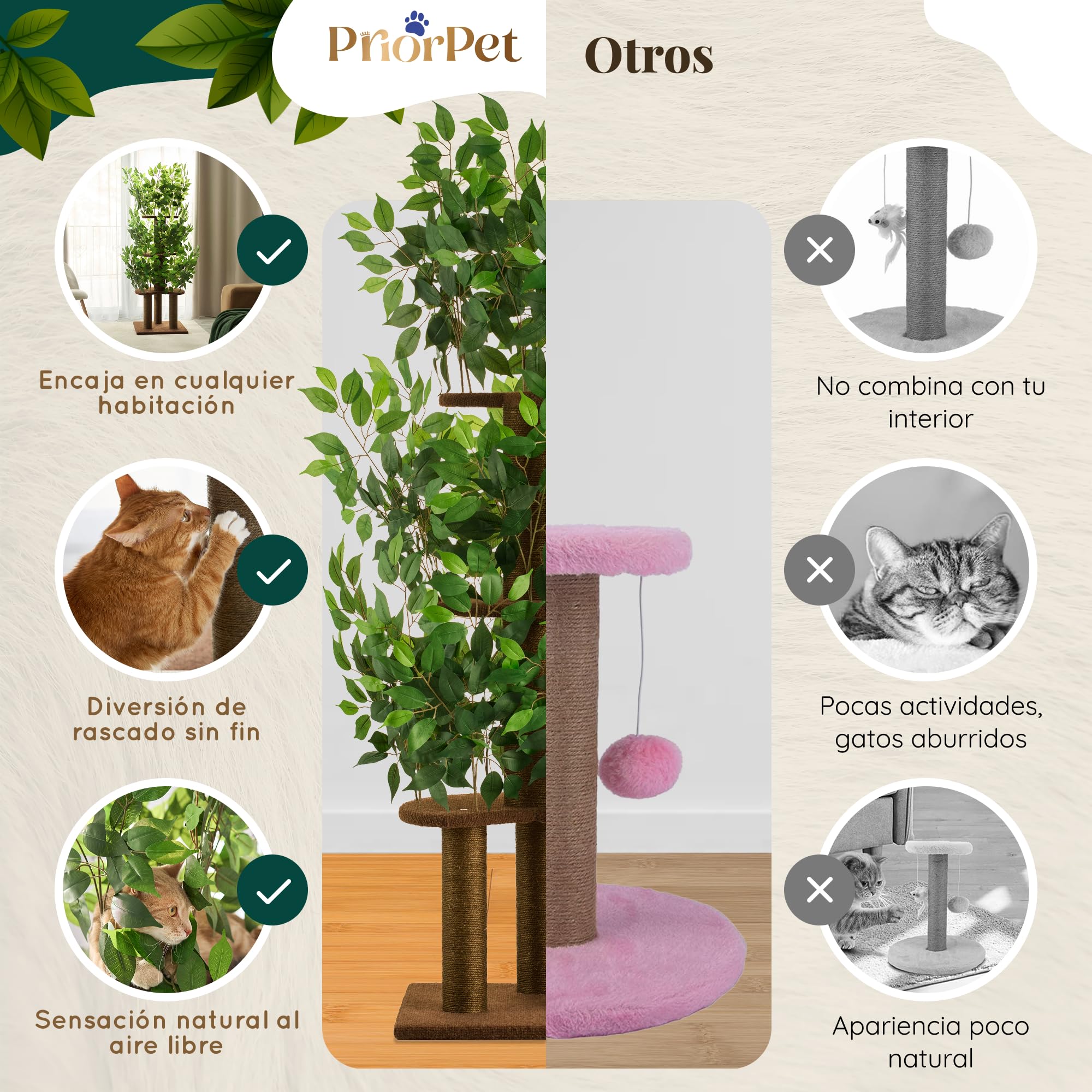 Arbol rascador con Hojas Compacto y Estable para Gatos Grandes – 4 Niveles para trepar, rascar y Descansar – Hojas seguras – Fácil Montaje – Materiales Resistentes y Aptos para Mascotas – 160CM