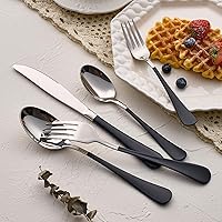 Vista 9 de Juego de cubiertos negros de 20 piezas para 4, juego de cubiertos de acero inoxidable con mango negro, incluye tenedores, cucharas y cuchillos