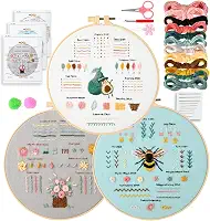 Kit de bordado para adultos iniciantes: 3 kits de bordado, inclui padrões estampados, argola, agulhas e fios coloridos, acessórios de gama completa, kit de ponto cruz, instruções e vídeo fáceis de