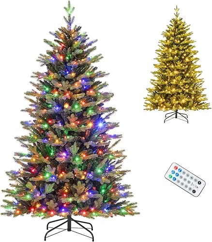 Miniatura 9 de Goplus Árbol de Navidad preiluminado de 6 pies, árbol delgado artificial con bisagras con 648 puntas de ramas de polietileno de PVC, 270 luces LED,