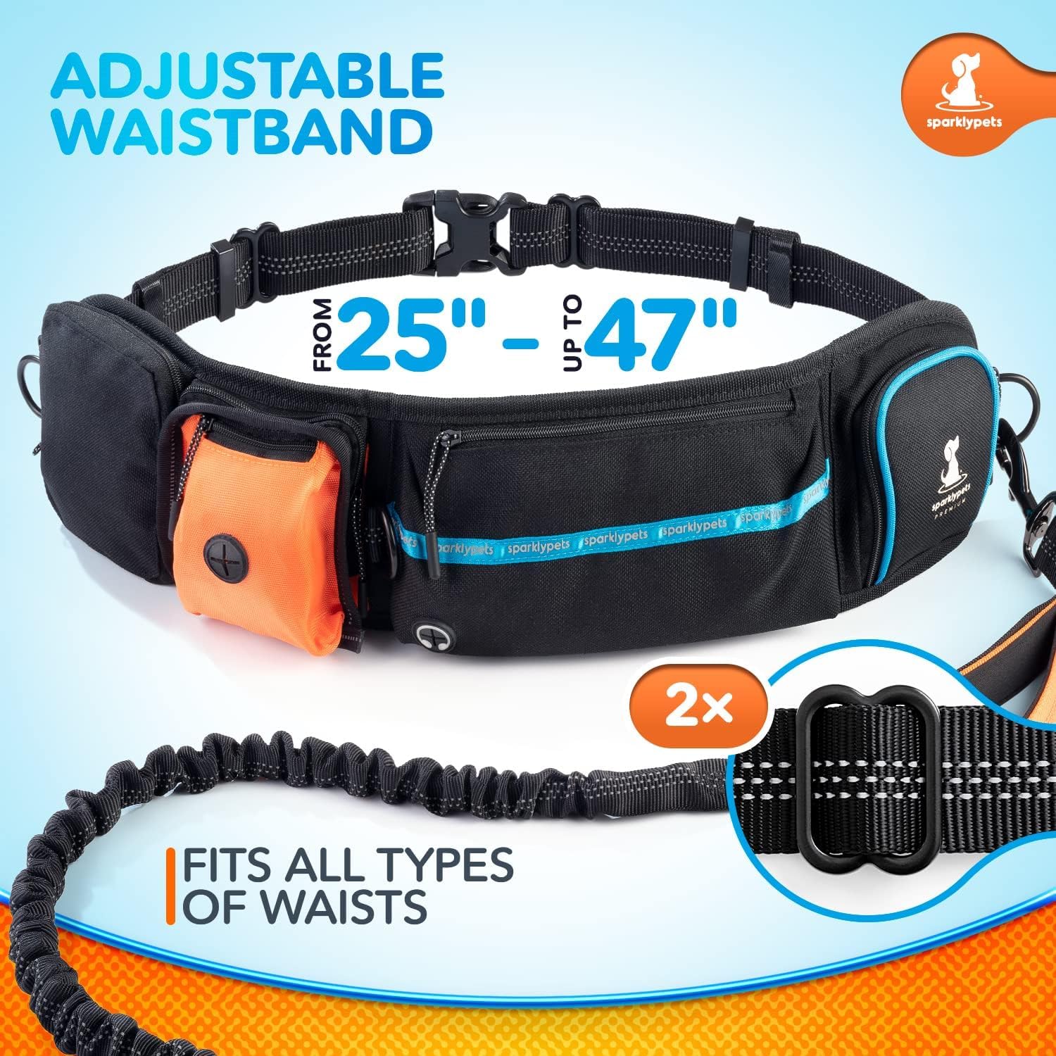 SparklyPets Active Waist Leash pour Promener Le Chien – Laisse Mains Libres – Complet avec Support de téléphone, Sac à déjections Canines Amovible, Pochette à friandises pour Chien et Porte-Bouteille