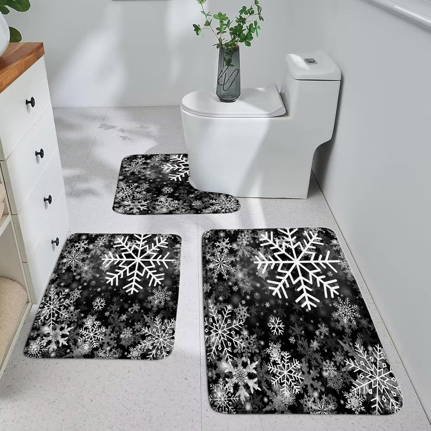 Snowflake 3 Piece Bathroom Mat Sets,Christmas Black White Snow Winter Holiday Watercolor Festival Bath Toilet Rugs,24"x36"and 24"x48"and U Shaped 21"x17"