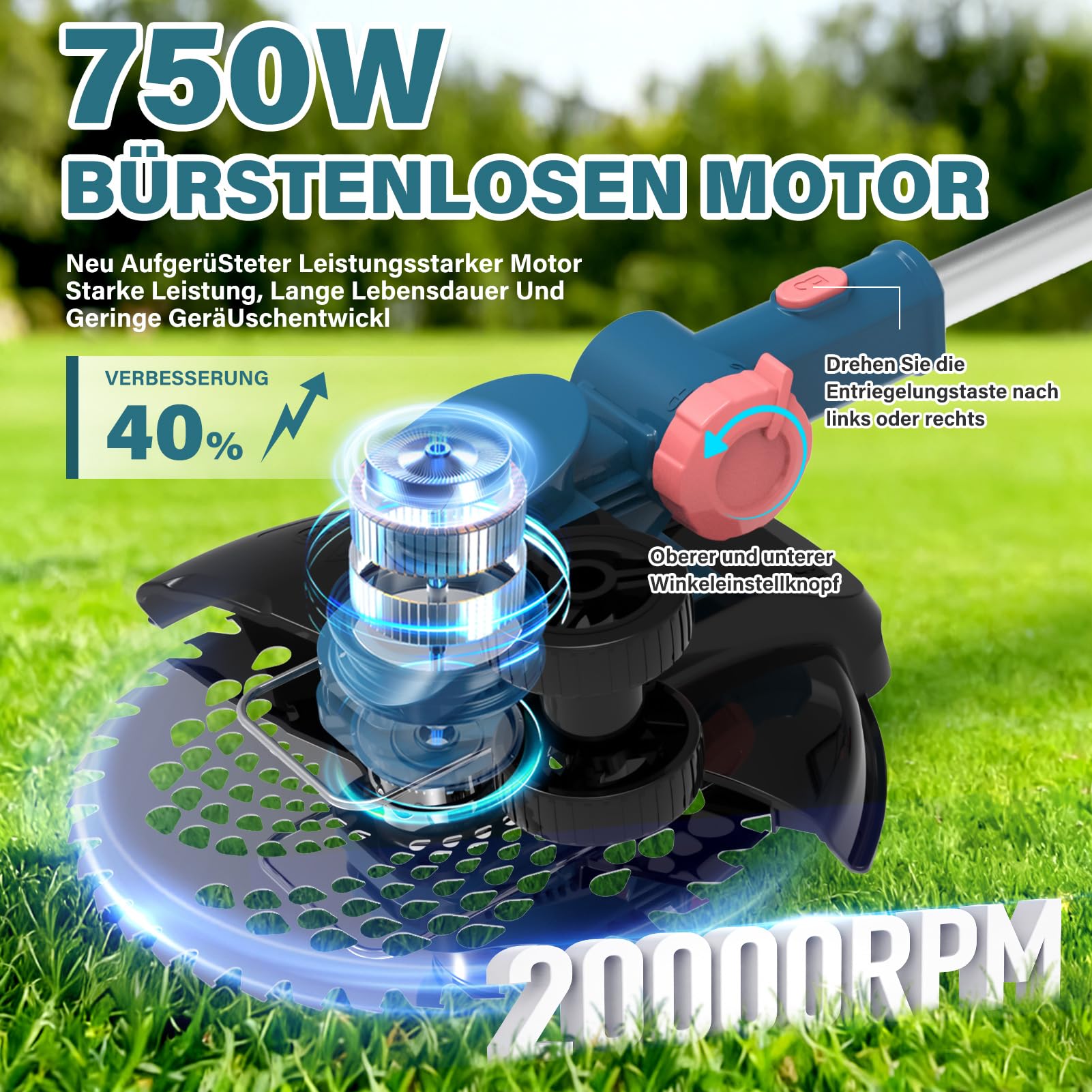 Rasentrimmer mit Akku für Makita Akkus, 2 in 1 Rasentrimmer/Kantenschneider, 21V Freischneider Akku mit 2 x 4.0Ah Akkus & 5 Klingentypen, Rasentrimmer mit Unkrautbürste für Garten