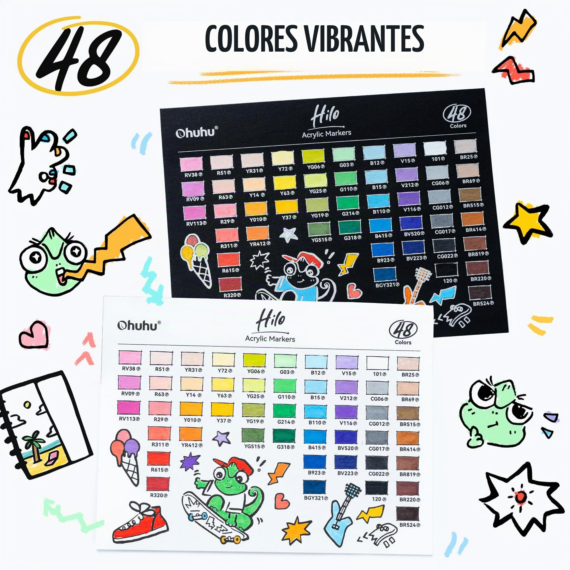 Ohuhu Rotuladores Acrílicos 48 Colores Punta Pincel para Arte Papel Dibujo