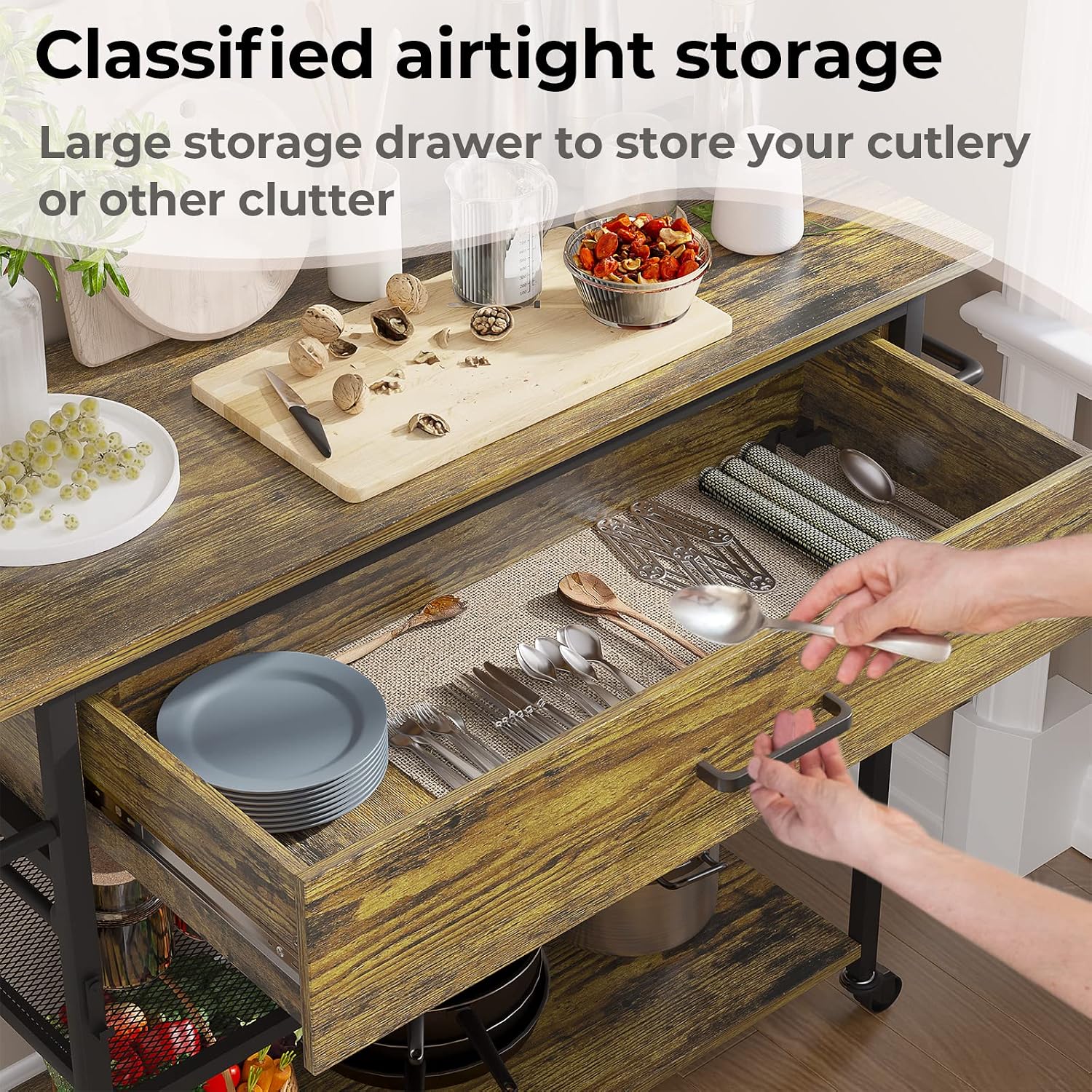 Hasuit 3 Tier Kitchen Island Cart on Wheels with Large Drawer, Rolling Kitchen Serving Cart with Storage, Wine Glass Holder, Hang Hooks, Open Shelves, 39.4'' W x 15.8'' D