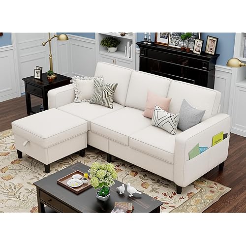 Sectional Couches for Living Room 78'' L-Shaped Couch 3 Seater Sofas with Storage Ottoman Modern Linen Beige Sofa Cover Washable