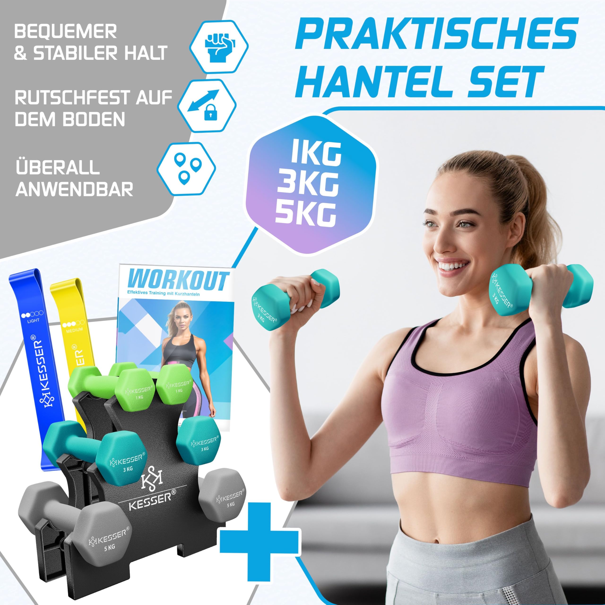 KESSER® Hantel-Set, 3 Paar, 1kg - 5kg, 12kg oder 18kg kurzhanteln mit Ständer Aufbewahrung, Fitnessstudio, Krafttraining, Hantelset rutschfeste Neopren,