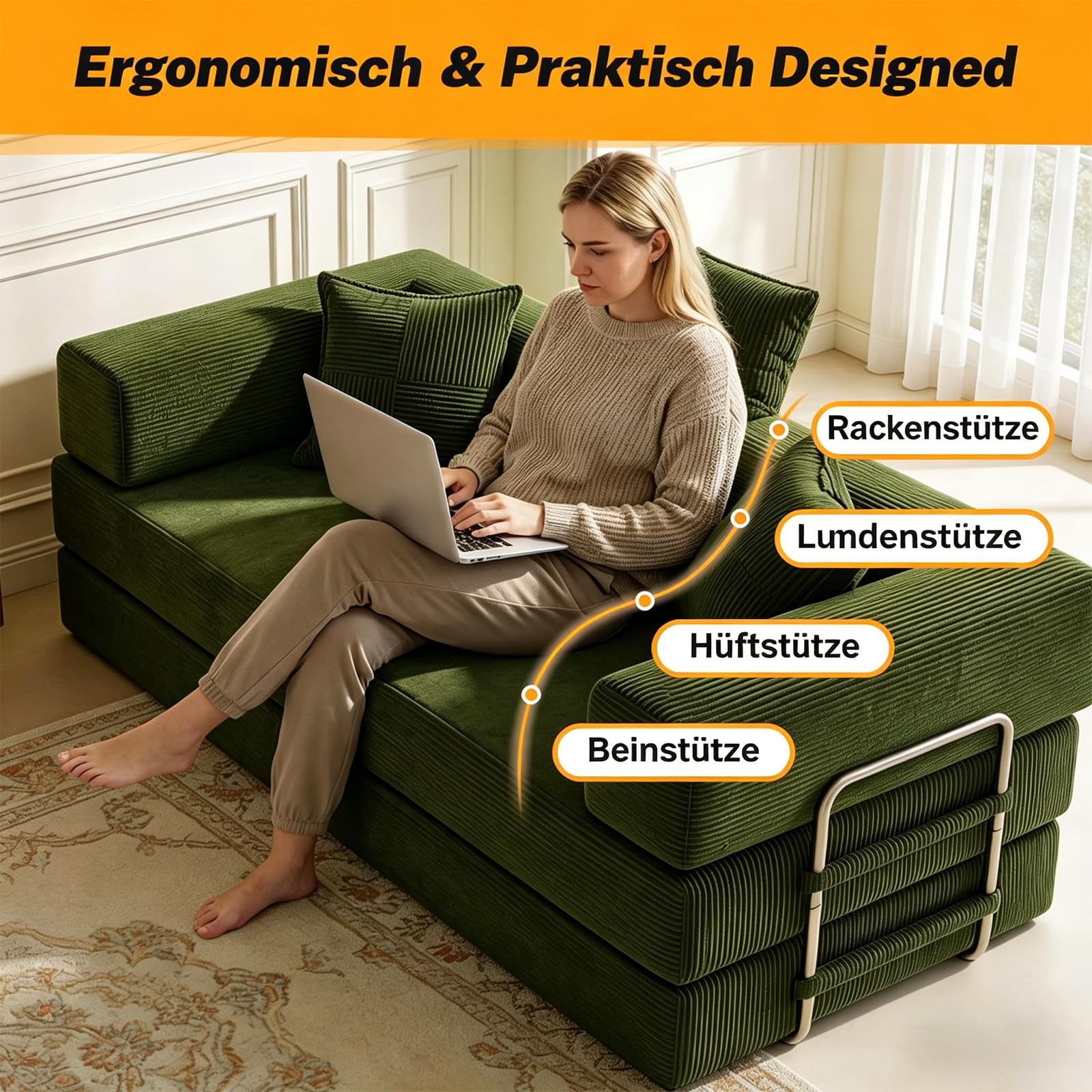 Vipbear 200cm Hochwertiges Sofa, aus Langlebig Cord mit Hochdichter Schaumstoff, 5-in-1 Umwandelbares Vielseitig ohne Knochen 3-Sitzer Sofa mit Schlaffunktion für Schlafzimmer, Grün | Umwandelbar