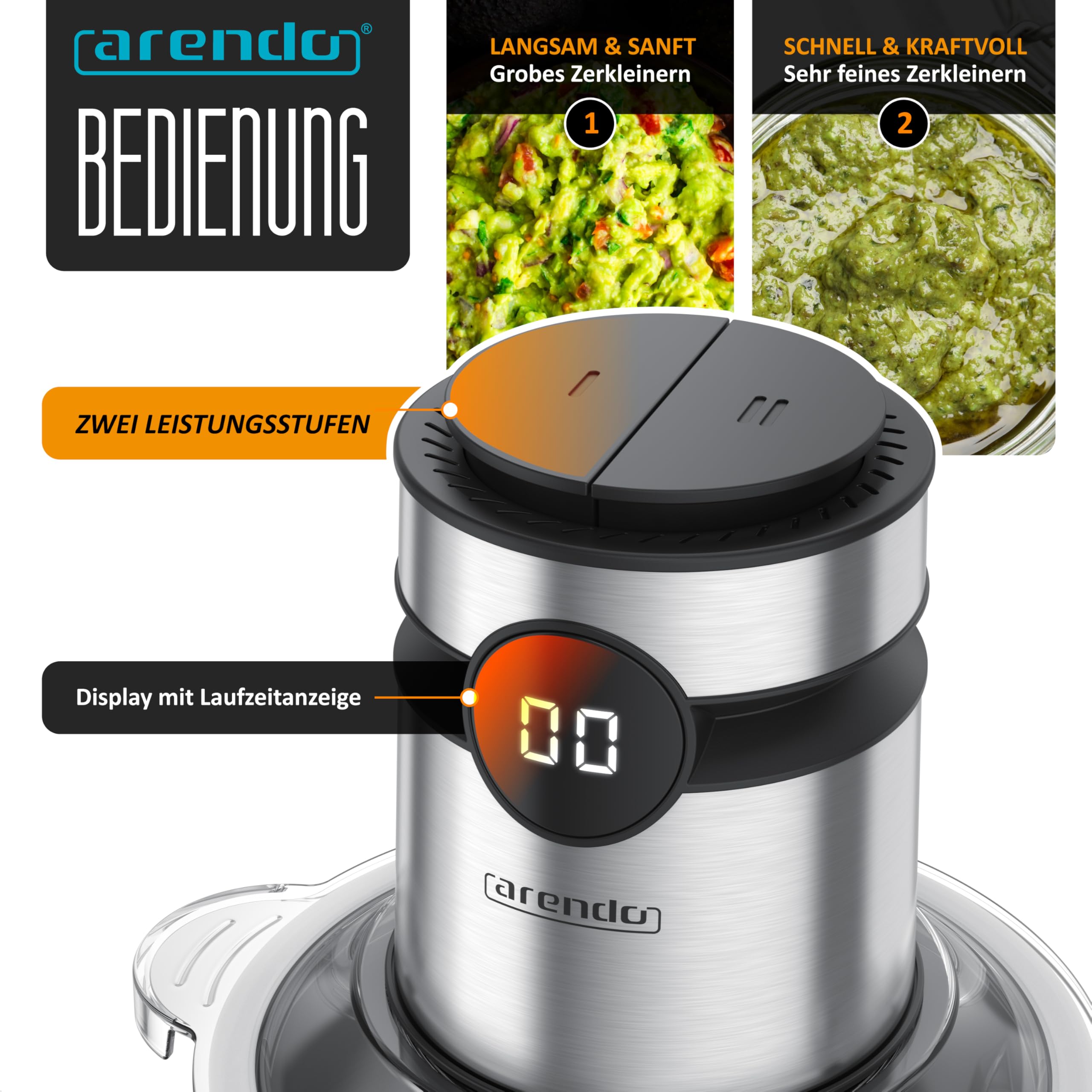 Arendo - Multi Zerkleinerer elektrisch Edelstahl – extra starker 500 W Motor – 2 L Fassungsvermögen – Universalzerkleinerer – mit Edelstahl-Mixbehälter – für Fleisch Nüsse Obst Gemüse u.v.m.