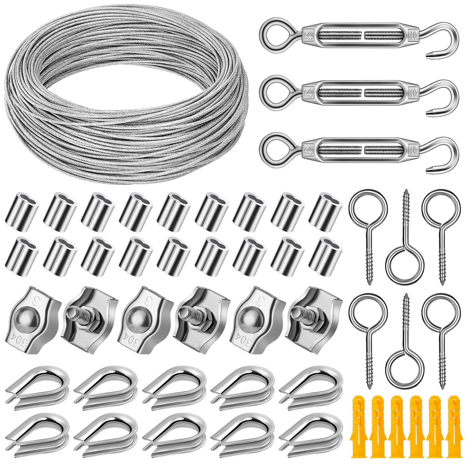 Kit de câble métallique de 50m/2mm,304 Cable Acier Inoxydable de PVC,Suspension de Guirlandes lumineuses en Extérieur,Treillis Plante Grimpante,Corde à Linge,Clôture,Cable Suspendre Kit