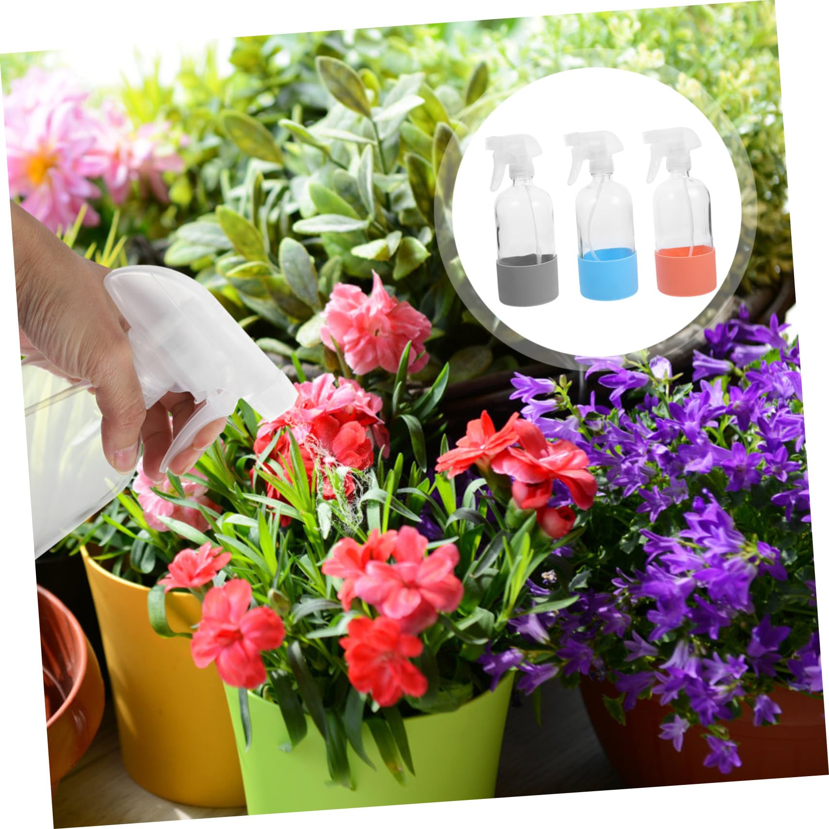 LIFKOME 3 Stück 500ml Wiederbefüllbare Glas Sprühflaschen mit Rutschfestem Silikonboden und PP Sprühkopf für Blumen Pflanzen und Haushalt