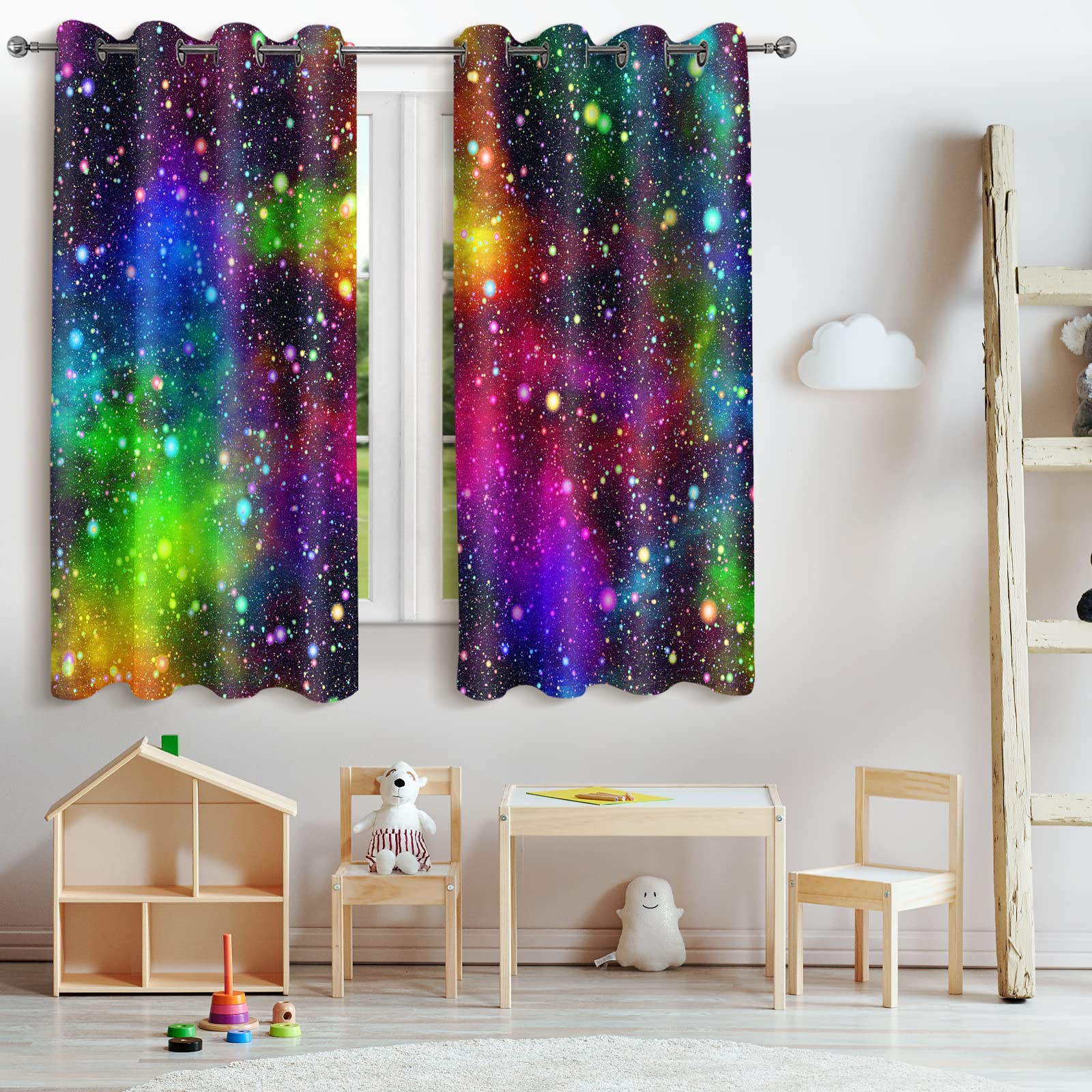 Jekeno Galaxy Blackout Curtains Kids Boys Girls Bedroom Outer Space Universe Nebula Starry Sky Colorful Stars Decor Decoration Grommet Window Drapes 2 Panel Set, 52