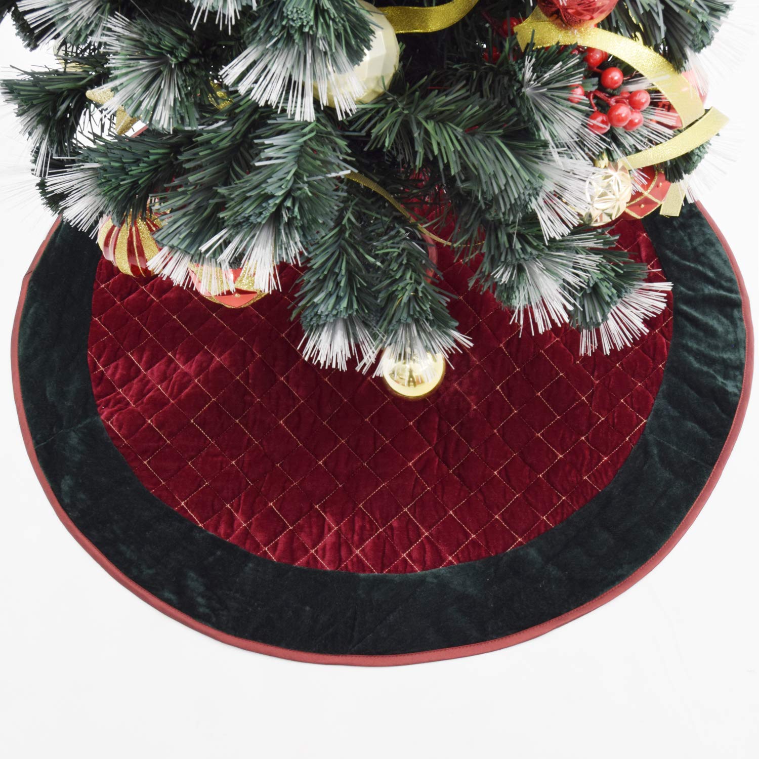 Ardour Van Gireshome Burgundy Velvet Quilted Lattice Center,Green Velvet Border Christmas Tree Skirt-36inch