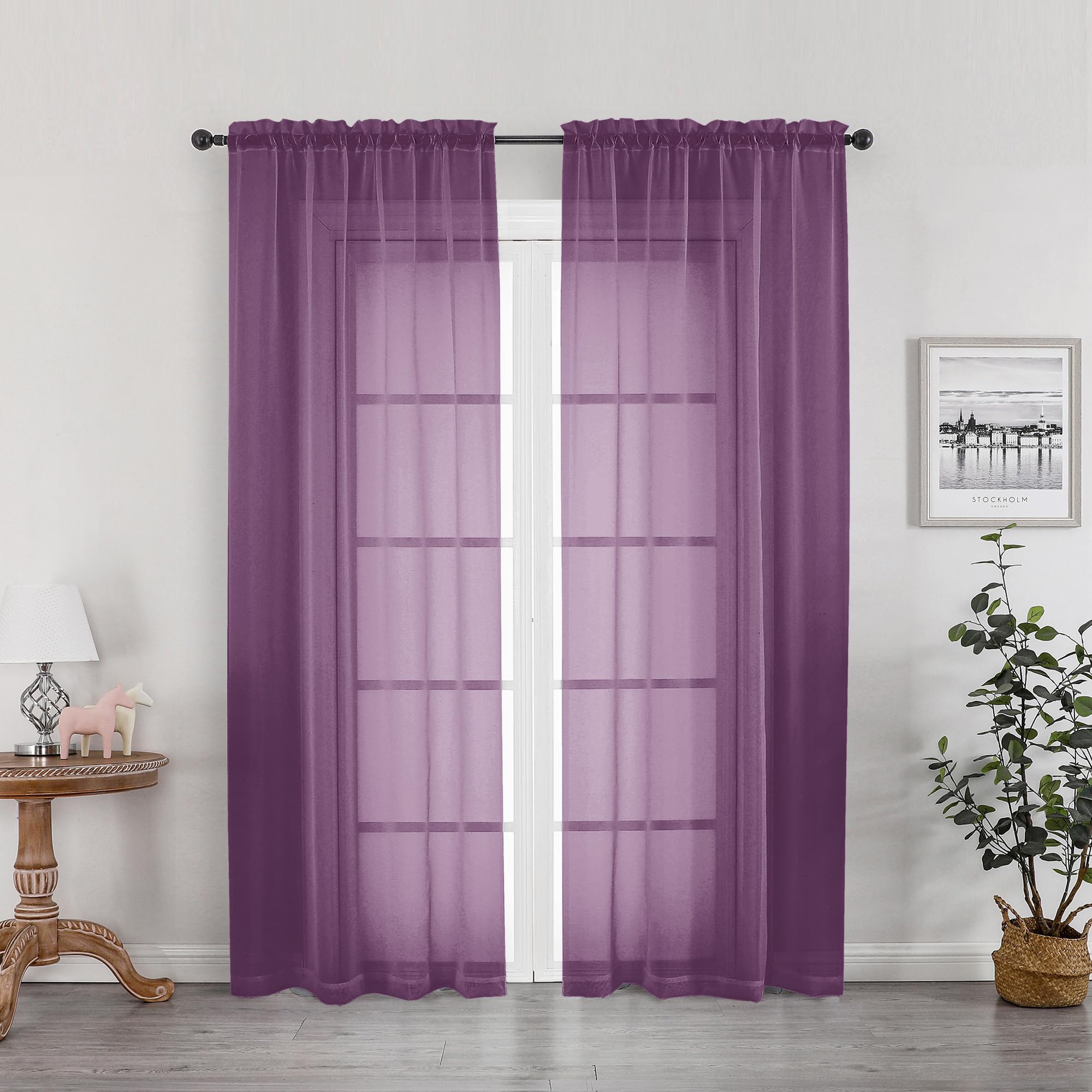 OWENIE Plum Sheer Curtains, Sheer Curtains 78 Inches Long 2 Panels Set, Rod Pocket Voile Fimly Sheer Drapes for Living Room Bedroom, 2pcs, Plum, Each 42" W x 78" L