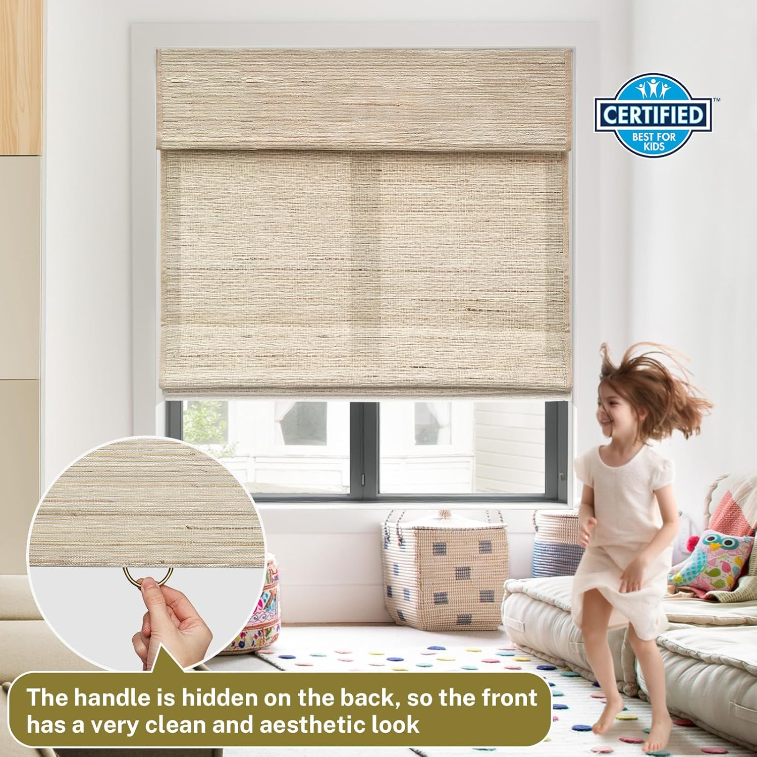 No Tools No Drill Cordless Roman Shades for Window, Pure Linen Natural Hemp Grass Weaving Window Blinds, Privacy Roller Blinds for Windows Shades Easy to Install for Home Kitchen Door, Awlmond
