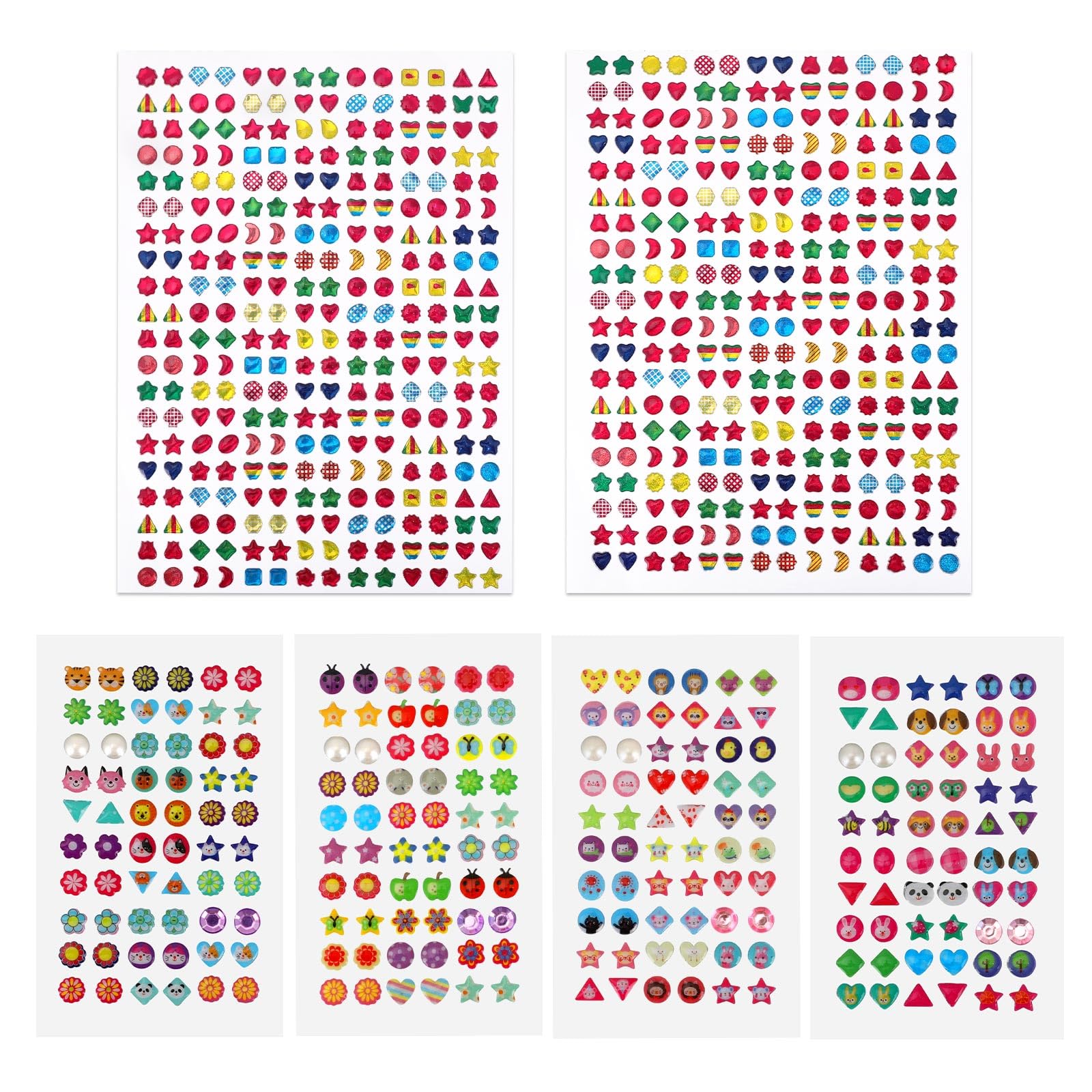 800pcs Stick On Earrings 3D Gem Stickers, Glitter Bling Sparkle Stickers No Piercing Sticker Earrings for Girls Kids Multiple Colors & Shapes (6 Sheets)