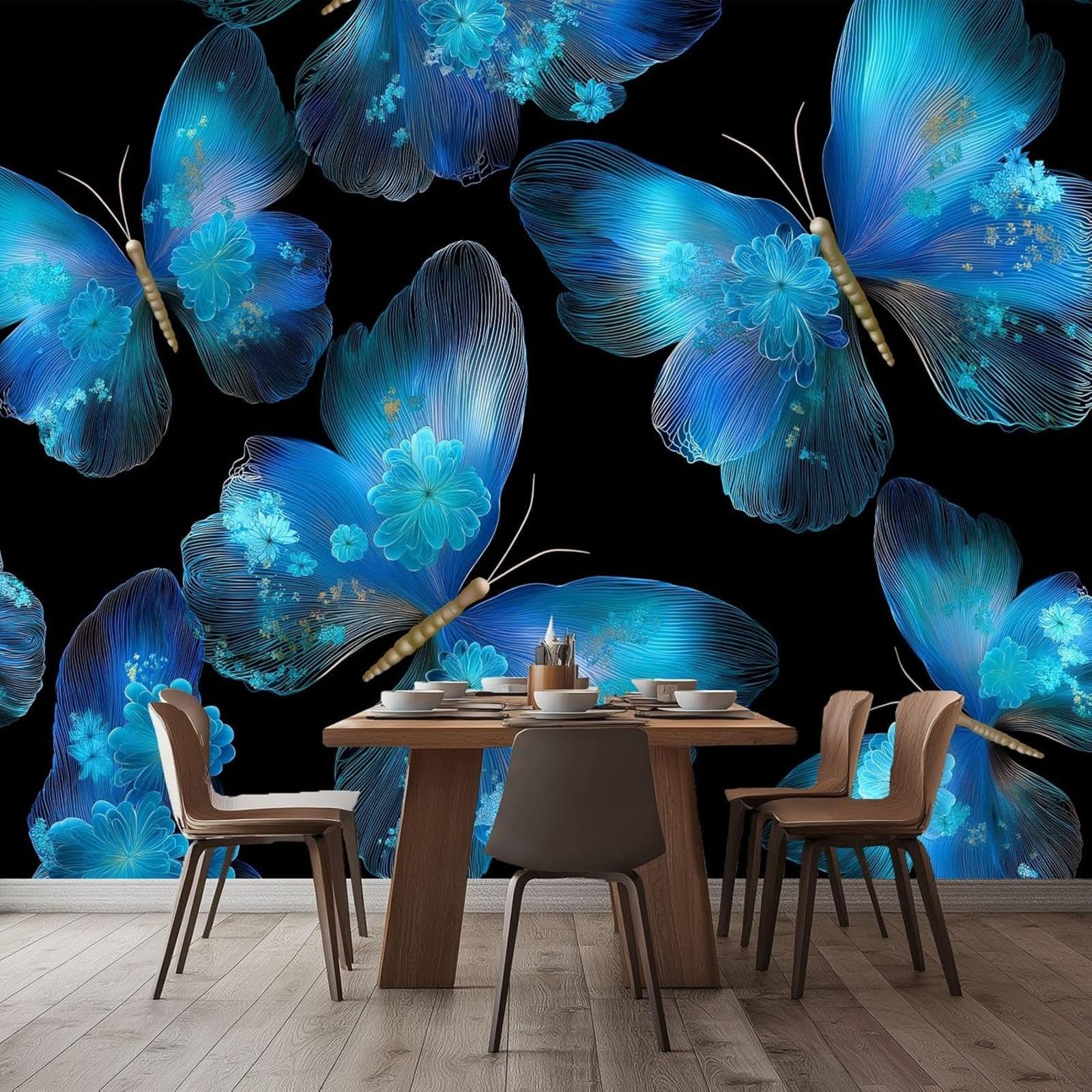Non-woven wallpaper, fantasy style, romantic blue, flowers and butterflies, for children's room, living room, TV background - modern wall decoration, 250cm x 175cm, stickers - frameless painting - pos