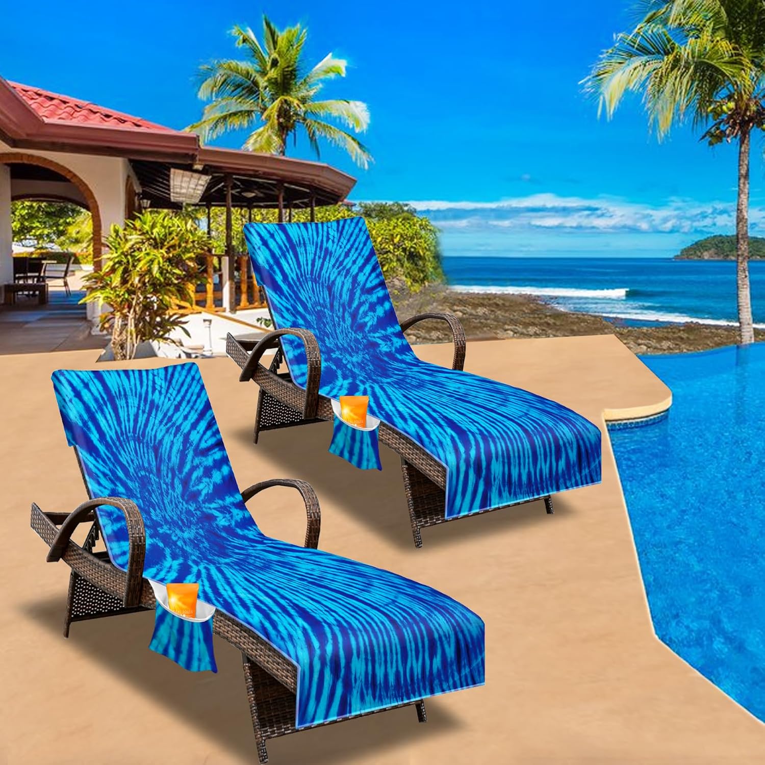 Lounge Chair Towel Cover, Beach Chair Cover (Pack of 2), Pool Lounge Chair Covers for Outdoor,Garden, Beach,Sun Lounger,Hotel Pool,Large Size and No Sliding, 85" X 30", Blue Tie Dye