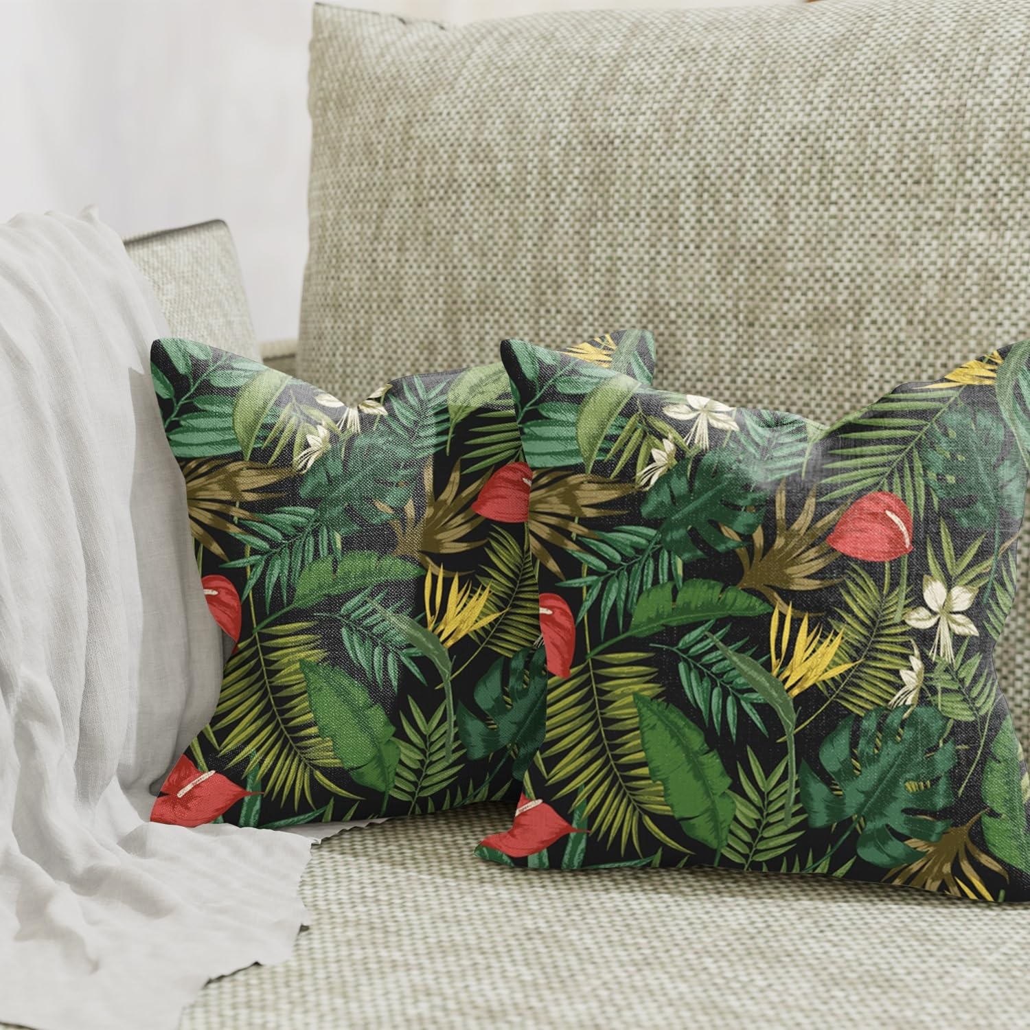 ggaimwf Pack of 2 Cushion Covers Jungle Leaf Tropical Leaves Forest Linen Look Throw Pillow Covers Leaf for Men Women Kids Sofa Floor Couch Bedroom Living Room Bench Seat Home Decorative 40x40cm - Image 4