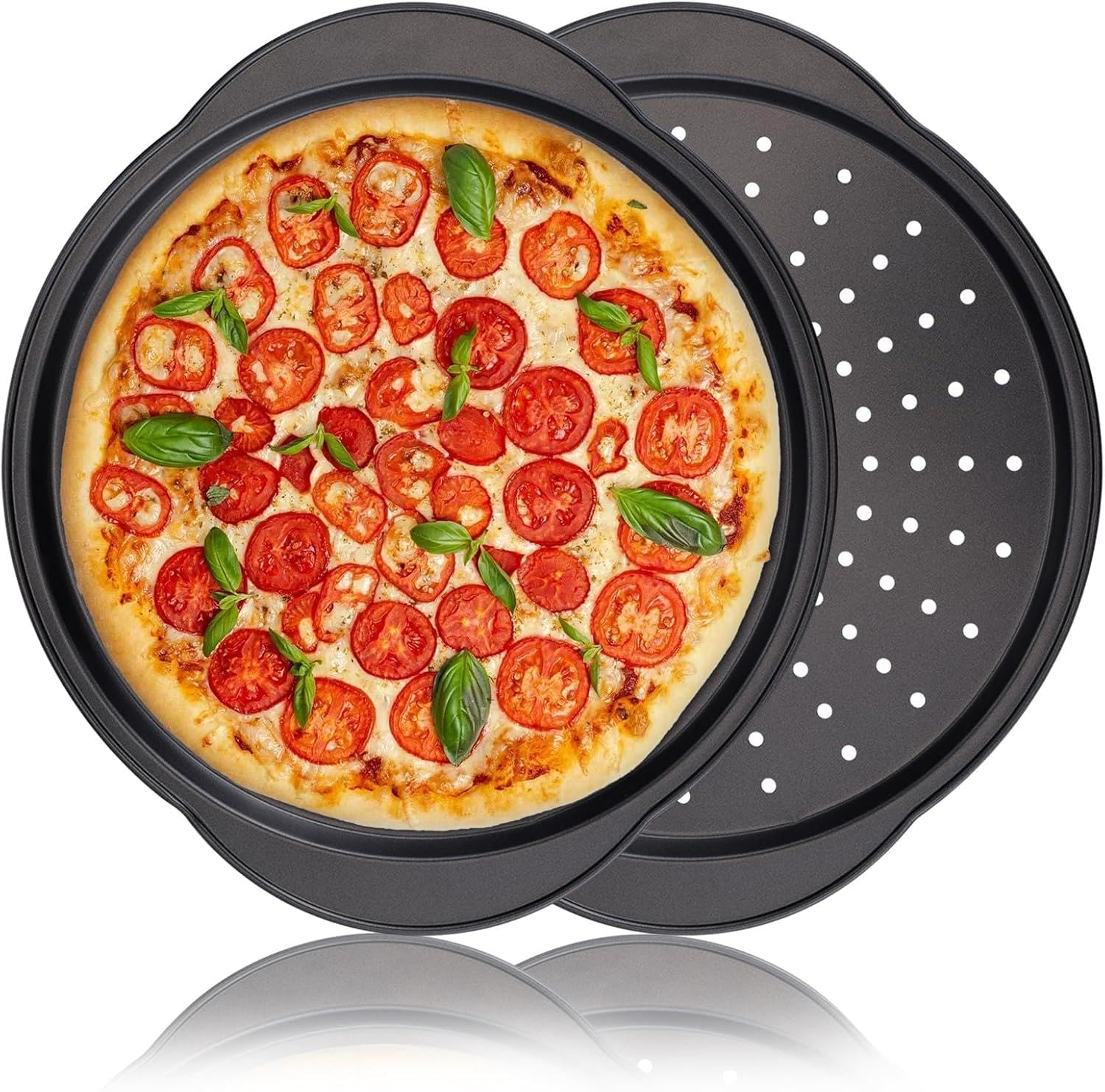 hunnycook 2 Pcs Pizza Trays for Oven -13" Pizza Pan with Holes and Handle, Carbon Steel, Non Stick Baking Tray Set for Cooking, Baking, Dishwasher Safe