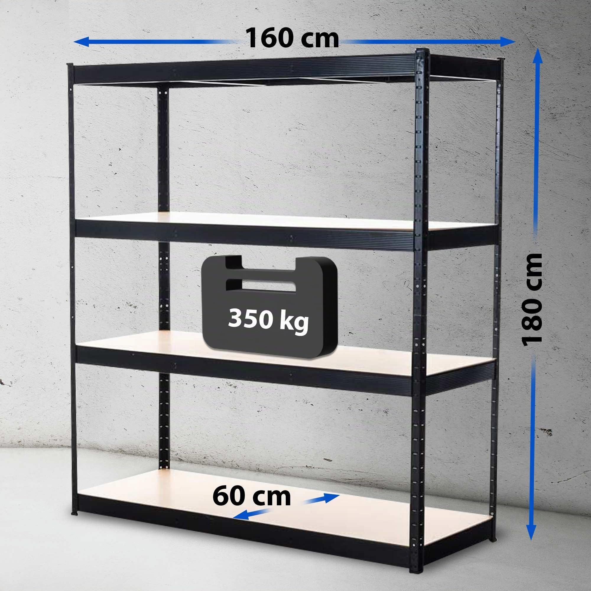 CLP Estantería Metálica de Almacenaje 160x60x180 cm Galvanizado I Capacidad por Estante 350 kg I Estantería de 4 estantes I Bastidor de Almacen, Color:Negro
