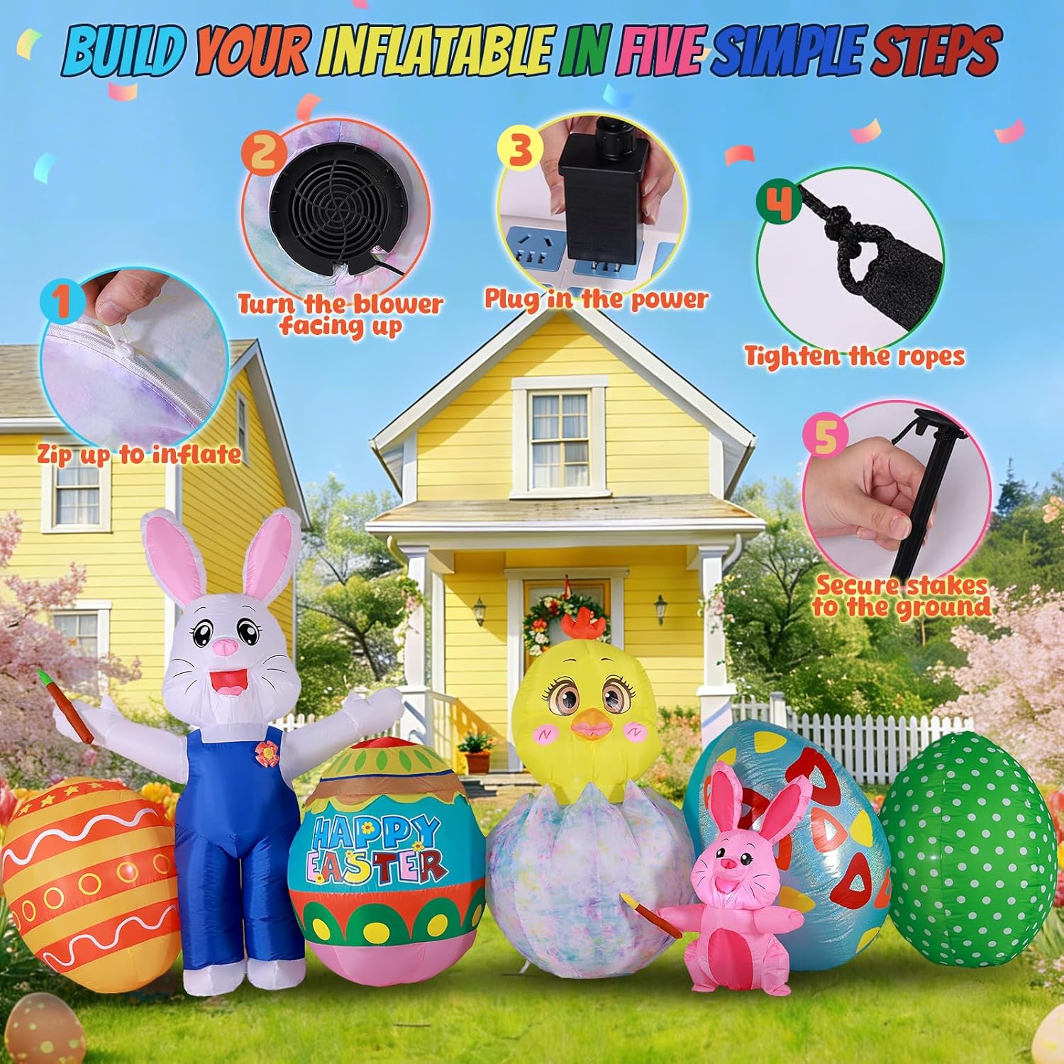 Easter Inflatable Outdoor Decoration, 11.5 FT Wide White Bunny with Chick and Easter Eggs, Built-in LED Lights, Blow Up Yard Decor for Lawn and Garden