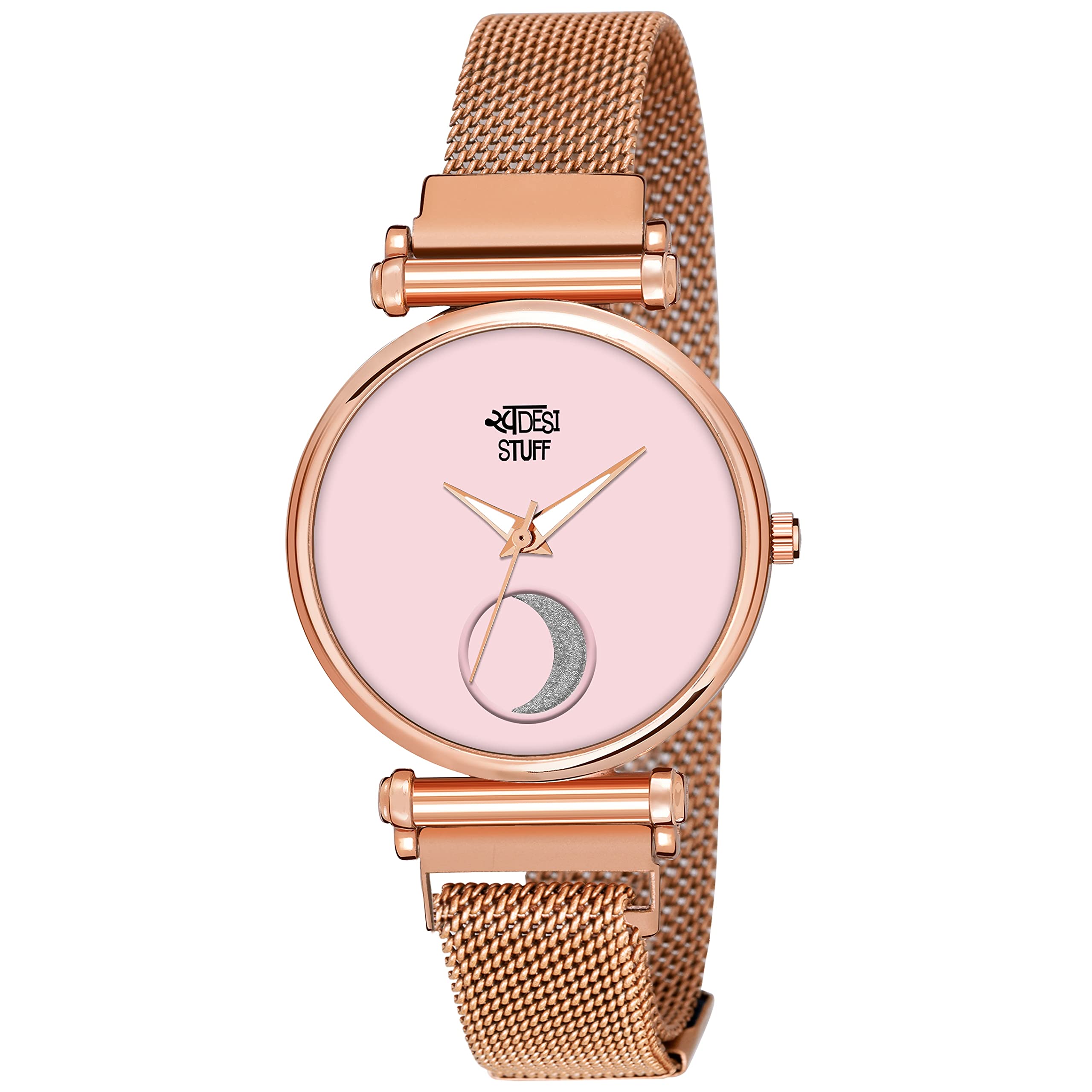 SWADESI STUFF Stainless Steel Pink Dial Moon Stylish Latest Generation Rose Gold Magnet Belt Analog Watch For Women (Pink), Rose Gold Band (B09B63HBMM) Amazon Price History, Amazon Price Tracker