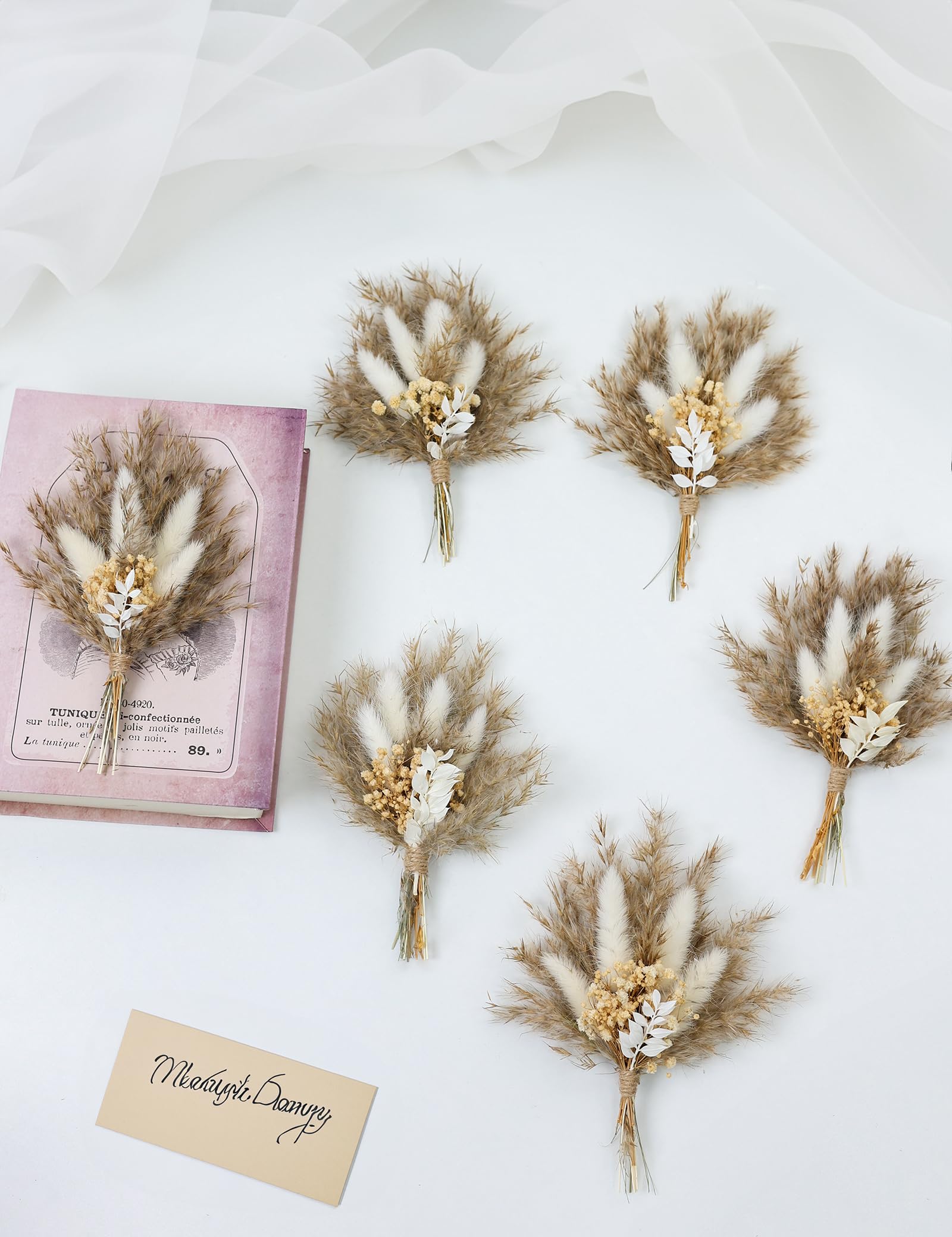 Mini Dried Flower Bouquet Set of 6, Boho Wedding Decor, Boutonniere for Men,Table Centerpieces, Dry Pampas Grass,Birthday Cake Flowers,Personalized Bridesmaid Gift Box,Small Bottles Decoration.(White)
