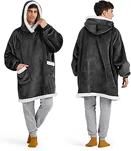 Bedsure Blanket Hoodie, Wearable Blanket for Adults & Kids as Gifts for Women Men, Birthday Gifts for Women Mom Girl Sherpa Oversized Hoodie, Grey Black, Oversize
