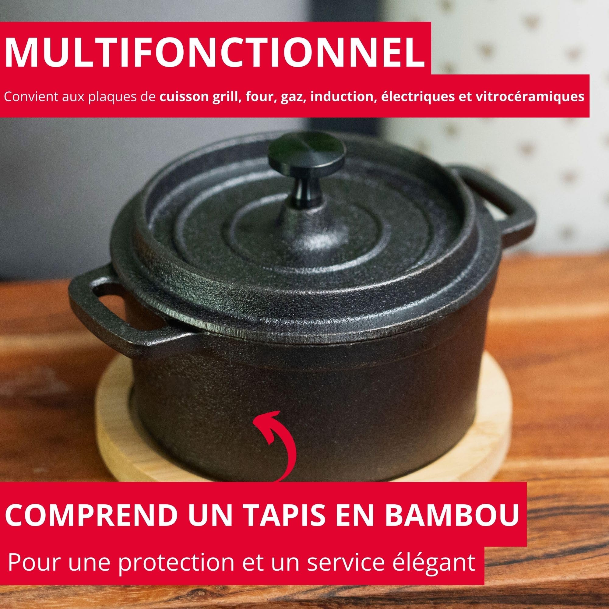 Westmark Tapas + Friends Petite casserole en fonte avec couvercle, convient à tous les types de feux, y compris l'induction et le barbecue, avec dessous de plat en bambou, fer, 250 ml