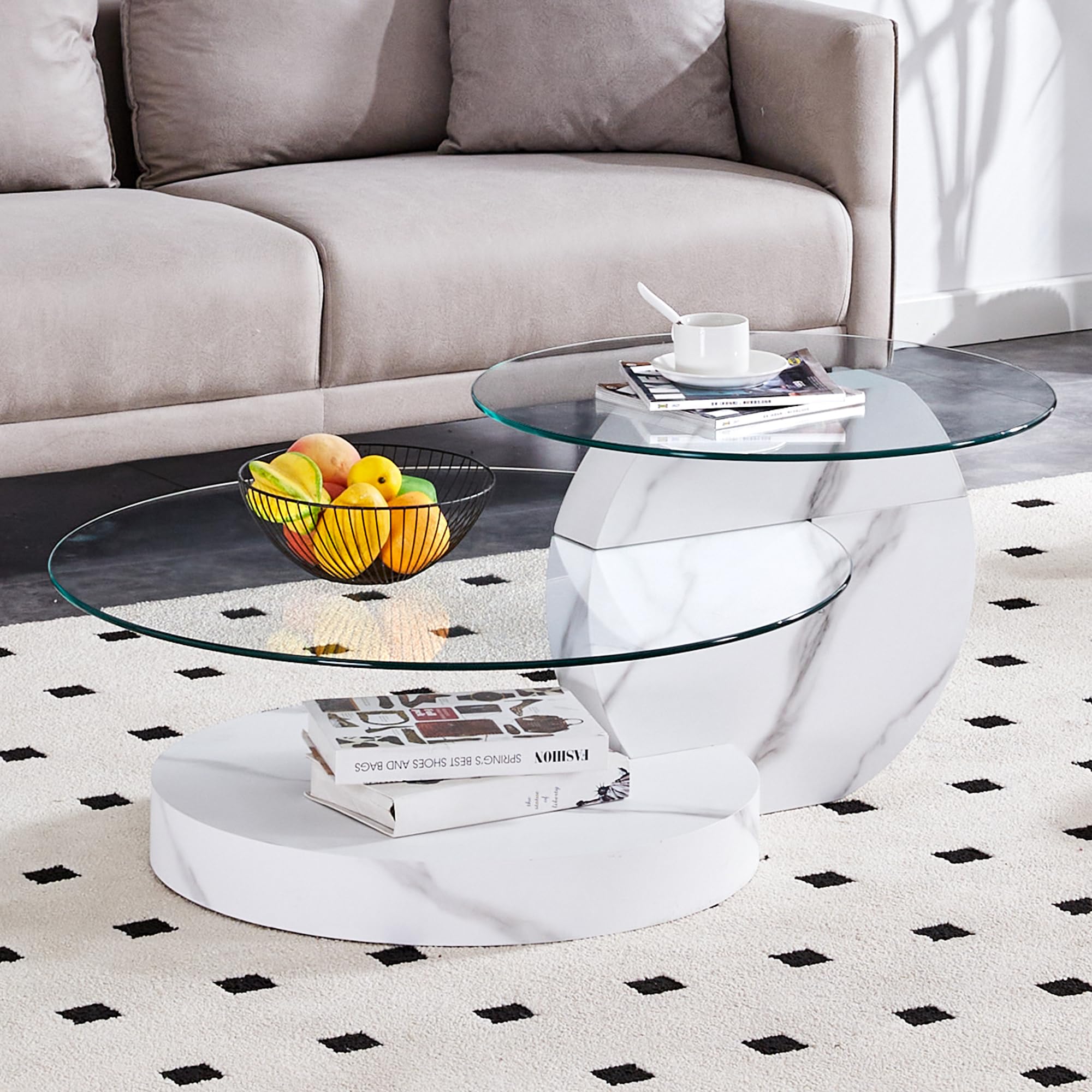 NYEESS Glass Coffee Table for Living Room,Mid Century Round Glass Coffee Table, Unique 3-Tier Center Table with Storage,White Living Room Table for
