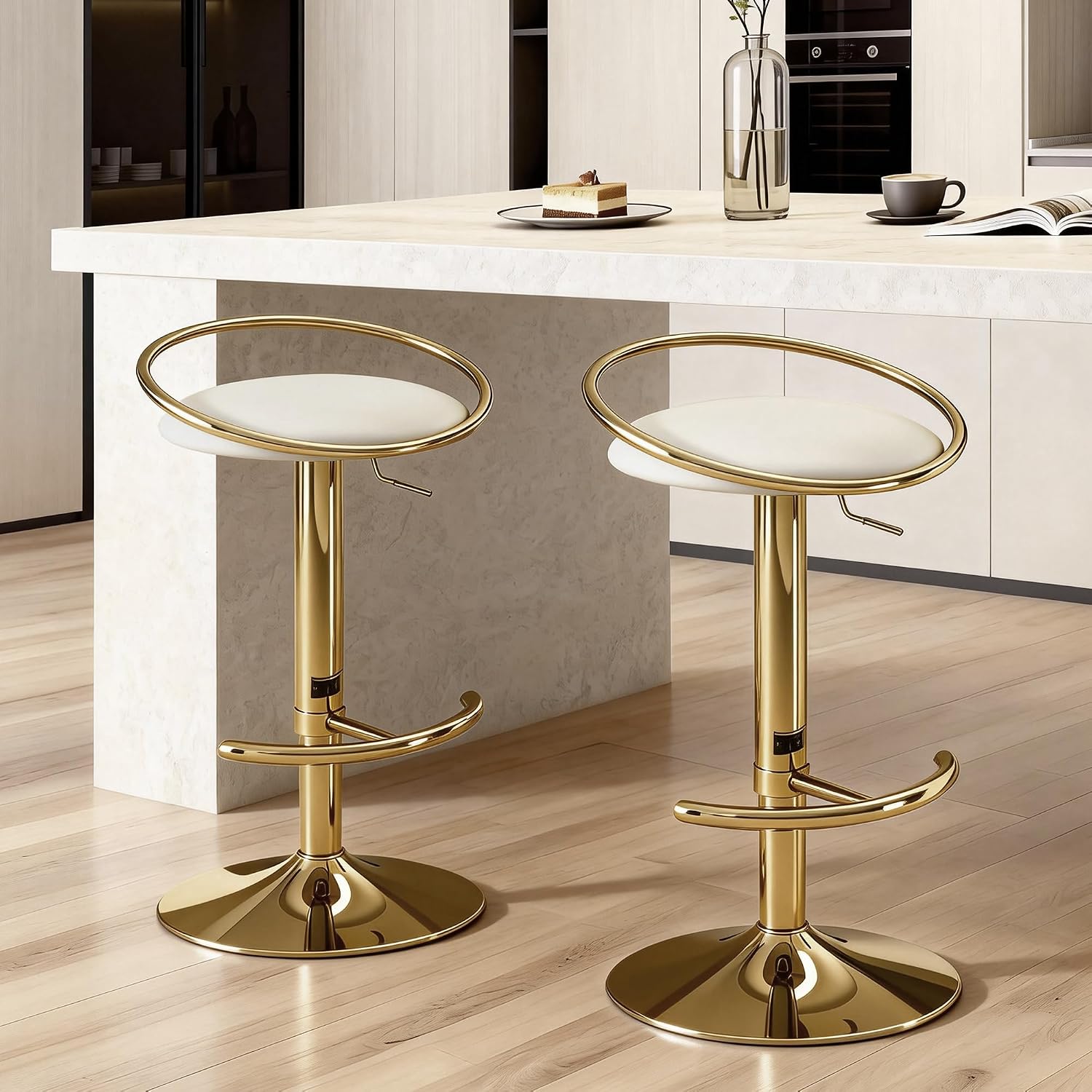 Mritwaii Bar Stools Set of 2, Adjustable Swivel Counter Height Barstools with Upholstered Seat, PU Leather Counter Stools for Bar, Kitchen Island, Dining Room, Gold