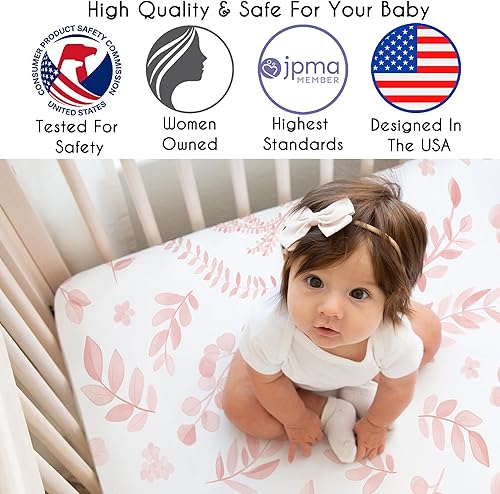 Miniatura 3 de Sweet Jojo Designs Sábana bajera ajustable para cuna de niña con hojas florales rosa y blanco para cama de bebé o niño pequeño bohemio elegante