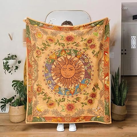 Leeisysme Orange Sun and Moon Fleece Throw Blanket, 70s Vintage Boho Sunflowers Constellation Cozy Decor Nap Blankets for Sofa Bed Couch Chair or Dorm Throws 40×50 inches
