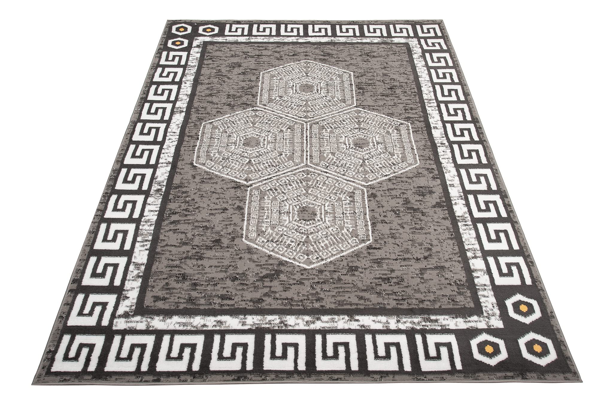TAPISO Atena Tapis de Salon Chambre Ado Design Moderne Graphite Blanc Jaune Motif Grec Bordé Fin Poil Court 140 x 200 cm