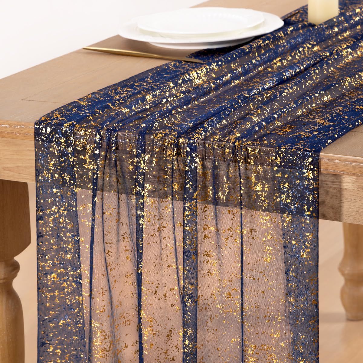 Gold Glitter Table Runner Navy Blue Sheer Gauze Foil Table Runner, 3PC