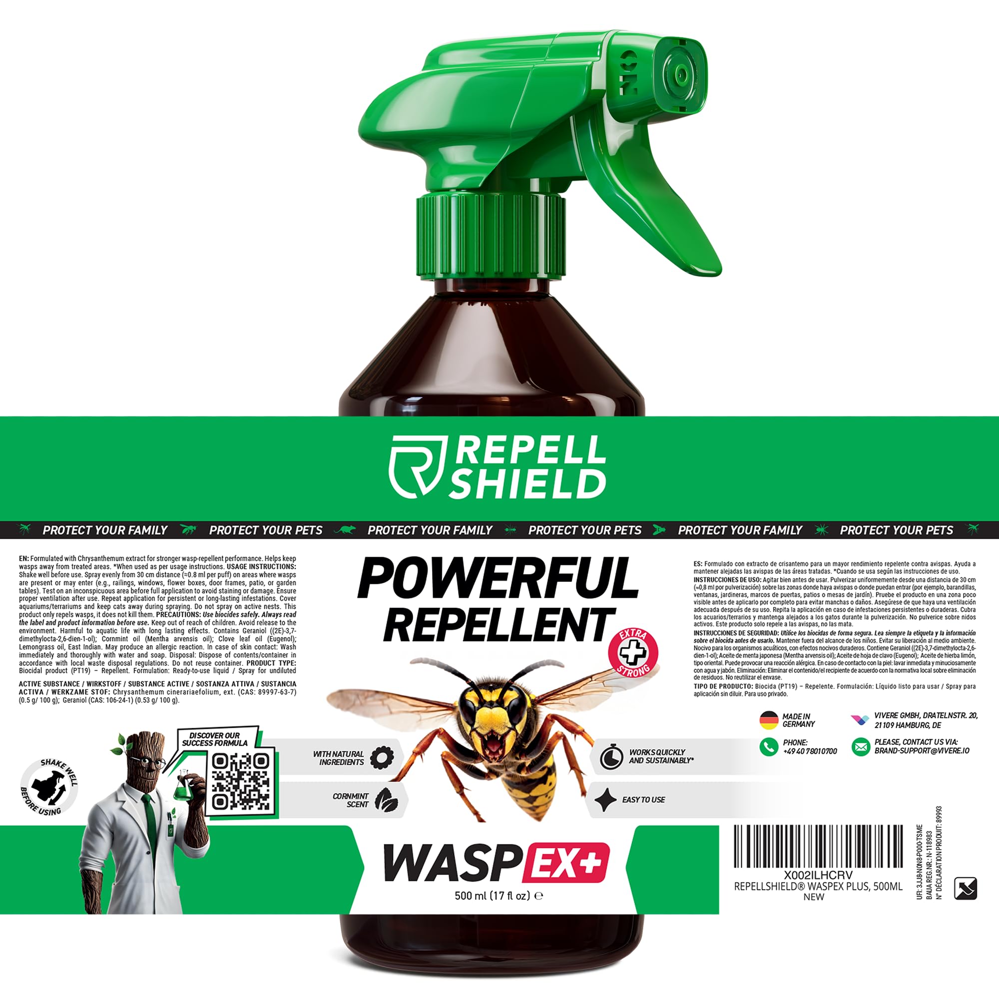 RepellShield® Spray Repelente Avispas Exterior e Interior - 500 ml - Antiavispas con Citronela y Geraniol - Seguro para Niños, Mascotas y Plantas - Protección para Jardín, Piscina, Terraza y Balcón