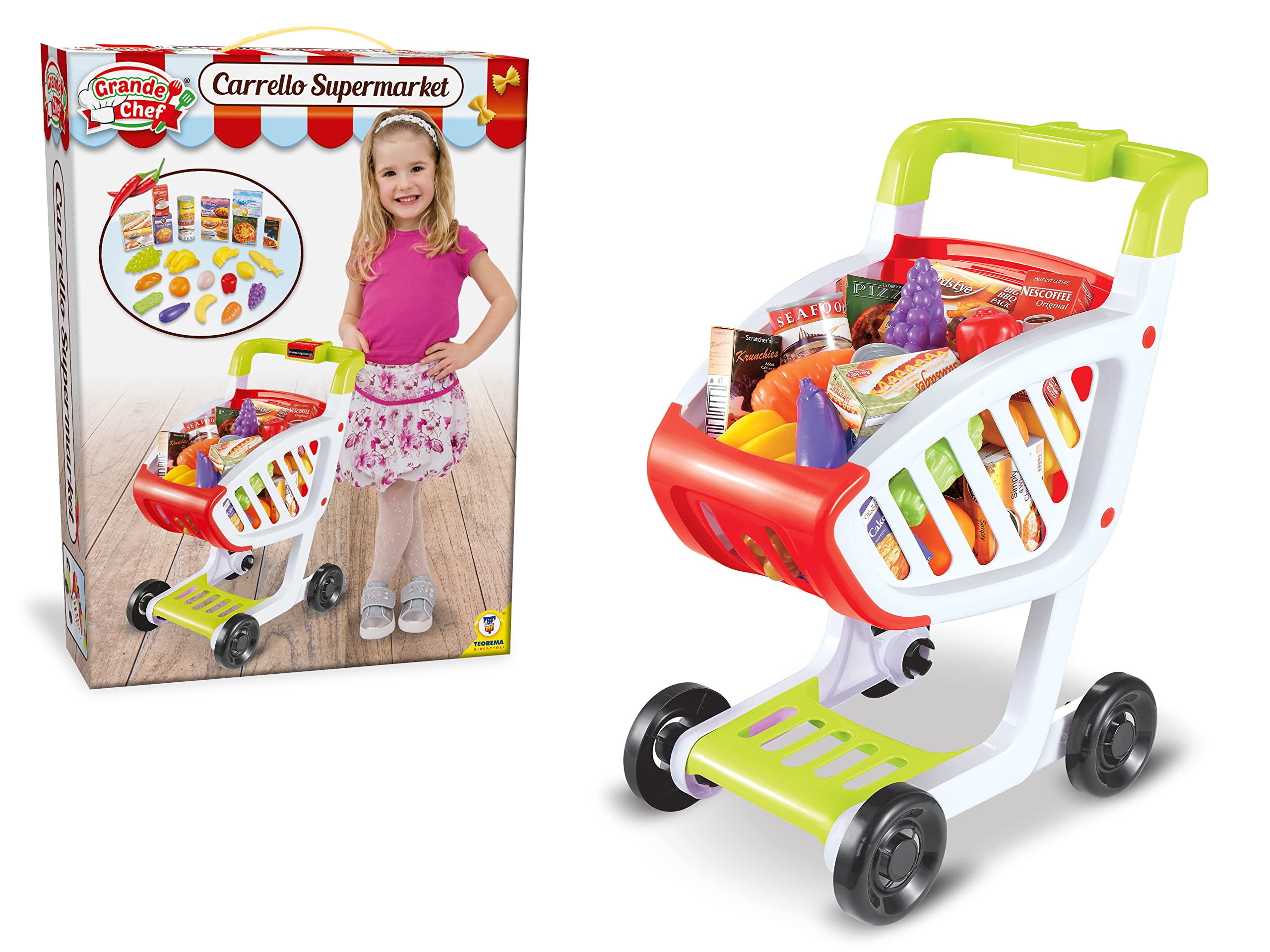 Teorema Giocattoli, Carrello Spesa Bambini, Gioco di Imitazione, Carrello Spesa con 4 Ruote Stabili, Completo di Tanti Accessori e Cibo Giocattolo per Bambini, Altezza 45cm