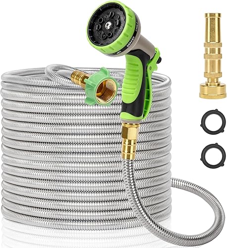 Manguera de jardín de metal de 50 pies, manguera de acero inoxidable, manguera de agua con boquilla de 10 funciones y boquilla de latón, ligera, sin