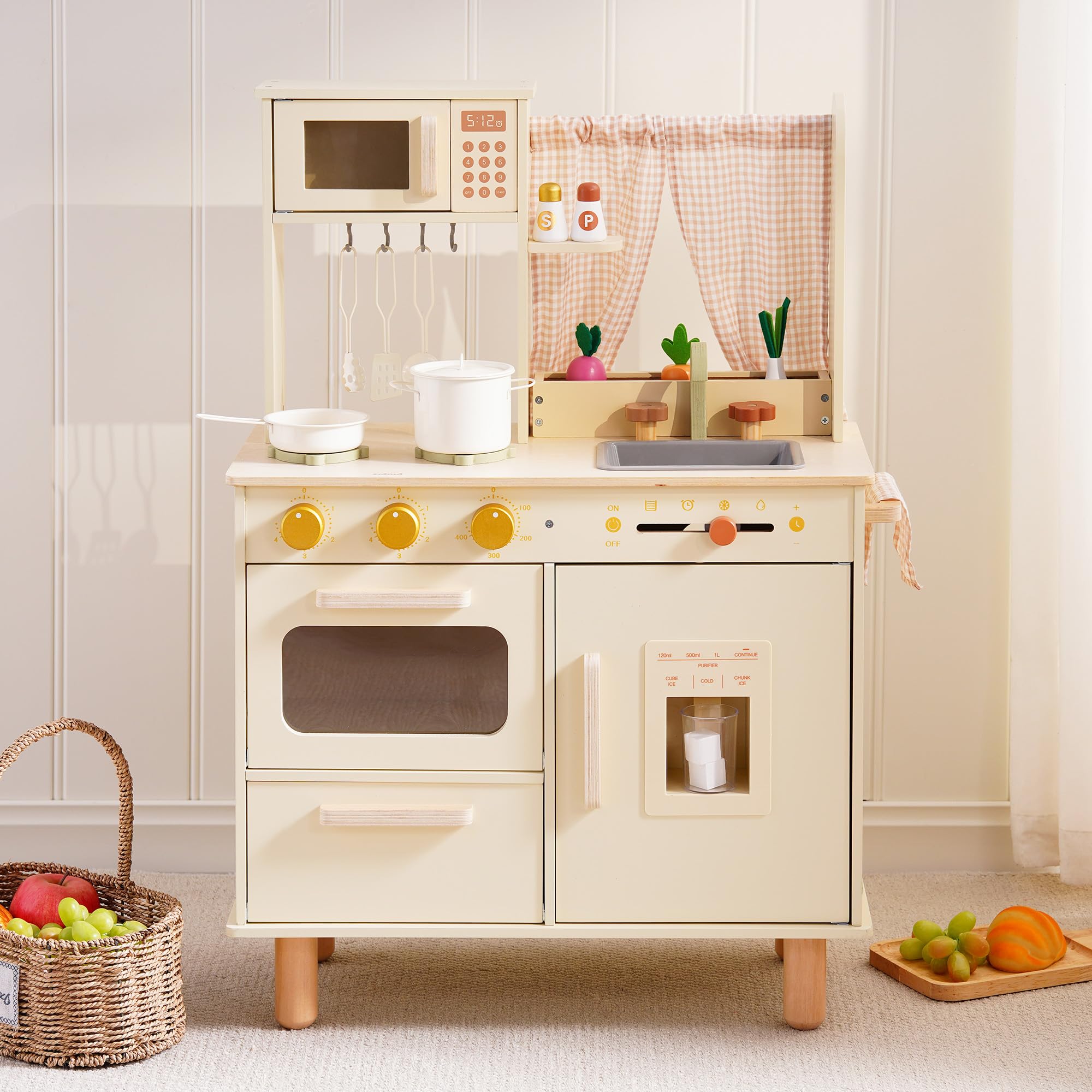 ROBUD Wooden Play Kitchen Set, Pretend Play Kitchen for Kids, Toy Kitchen with Microwave, Sink, Stove and Ice Maker, Toddlers Kitchen Playset Gift for