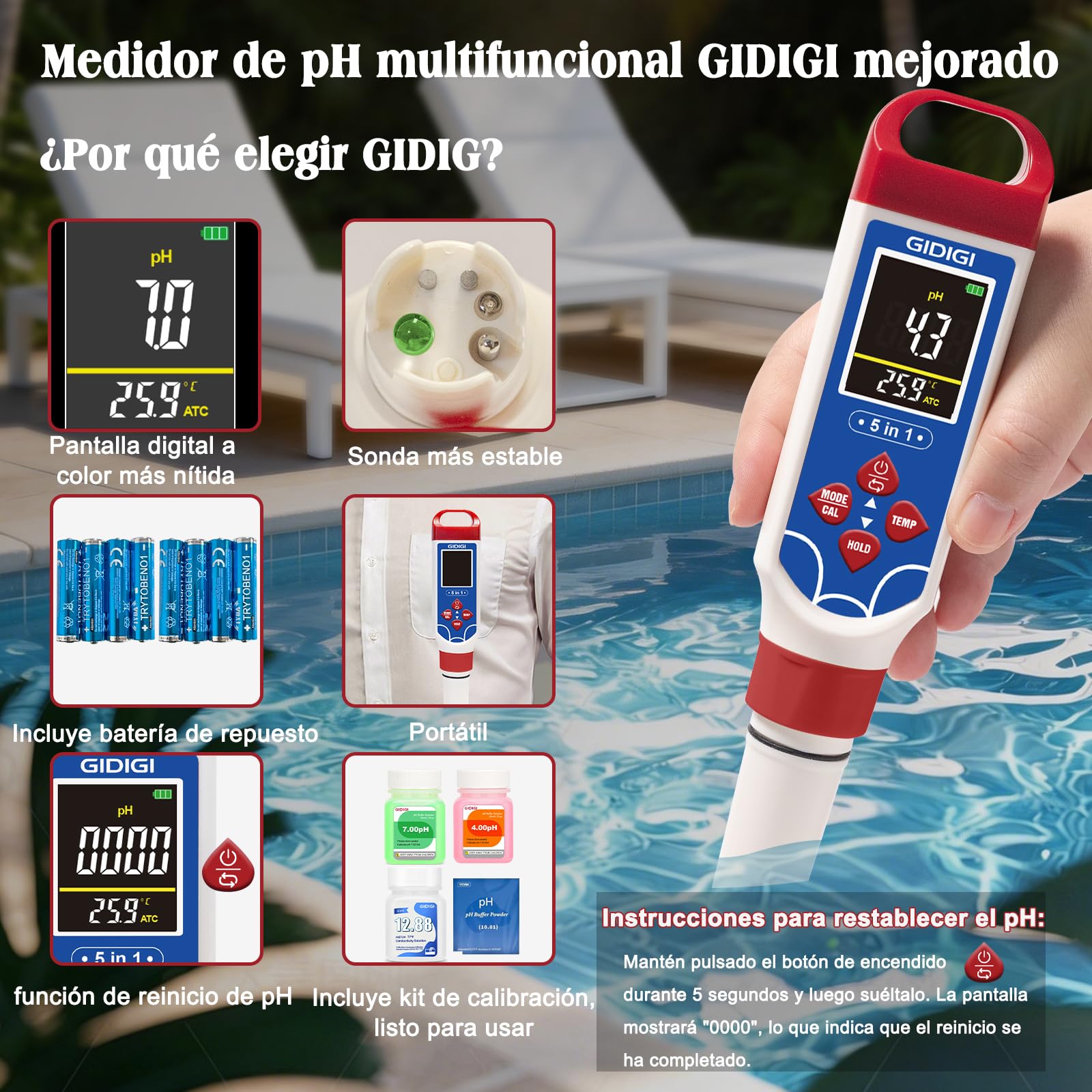 Medidor pH Piscina 5 en 1 Medidor de Salinidad con ATC y Función de Reinicio pH, Medidor de TDS EC para Agua Potable Medidor Sal Piscina Portátil Comprobador Salinidad para Pecera Acuarios Spa