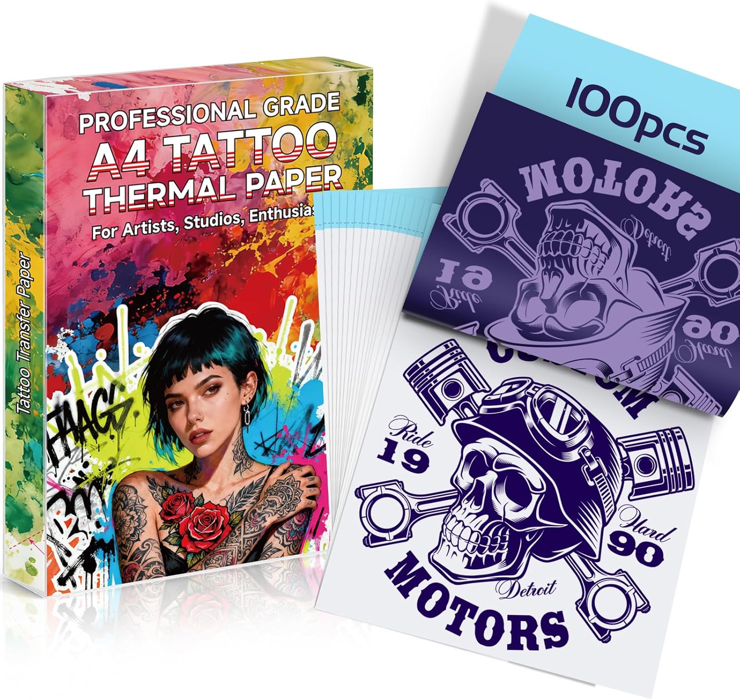 100 Pcs Tattoo Transfer Paper, Professional Level A4 Thermal Stencil Transfer Paper for Tattooing, Cuttable Size for Thermal Copier & Freehand, Sharp Detail Transfer for Professional Tattoo Artists