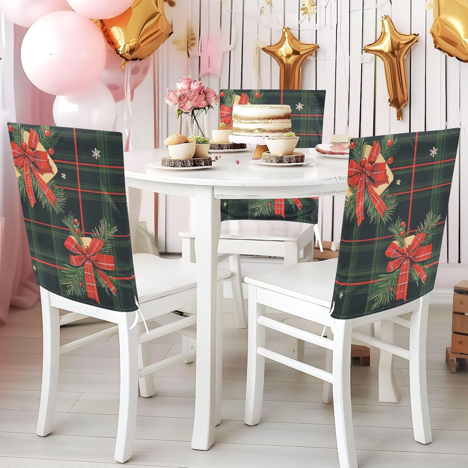 ALAZA Christmas Plants Bow Plaids Chair Back Cover Set of 6, Washable Reusable Removable Chair Slipcovers Decorative Chair Cover for Home Kitchen Wedding Party