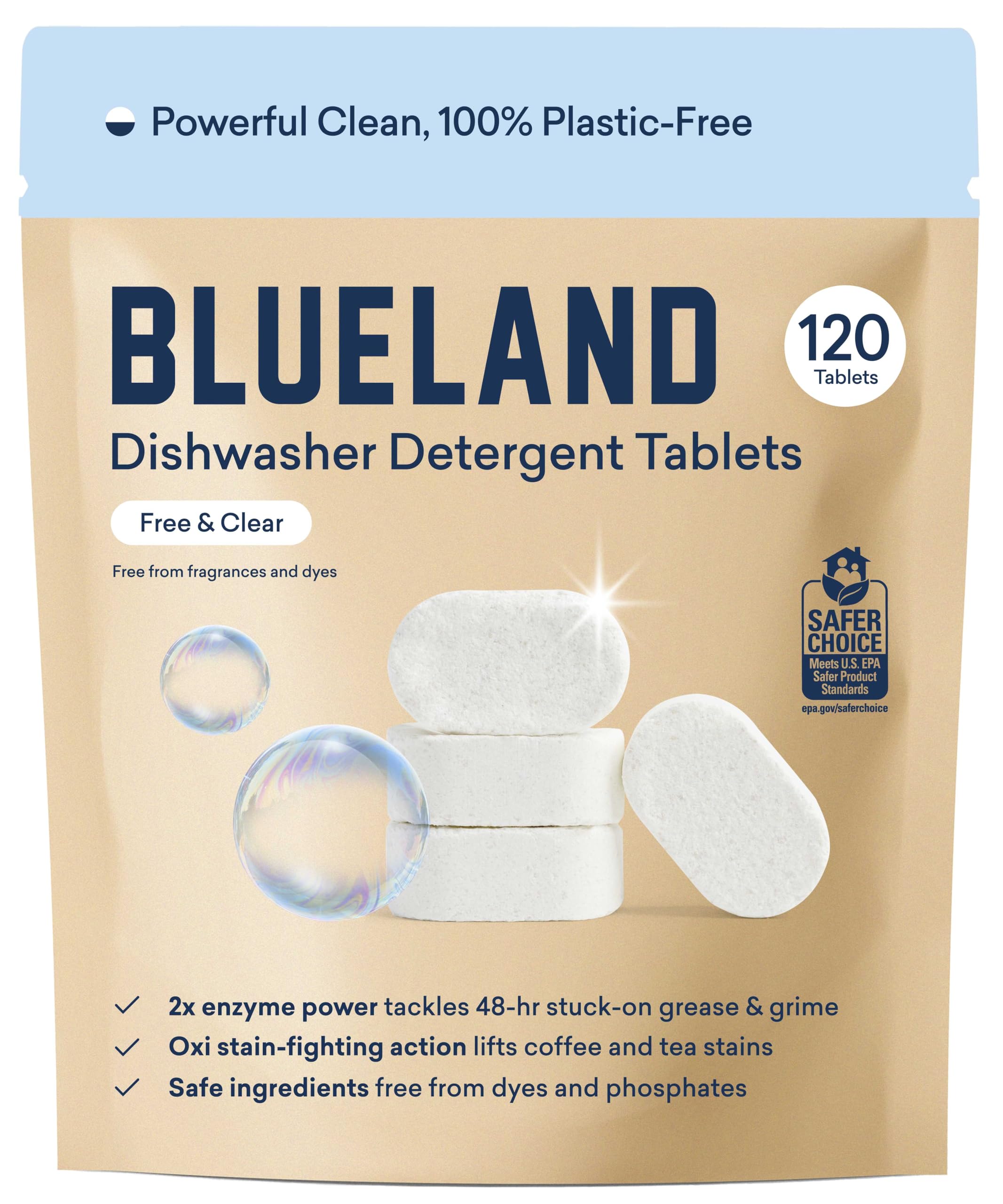 BLUELAND 100% Plastic-Free Dishwasher Detergent Tablets, 120 Count, Free & Clear, Eco-Friendly Dishwashing Pods, Natural, USDA Certified biobased