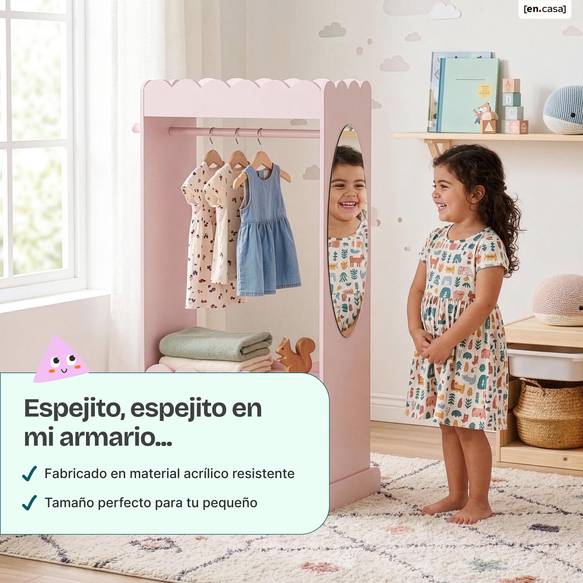 [en.casa] Perchero Burro Infantil Vestnes con Espejo Ovalado Barra para Colgar 3 Ganchos 2 Estantes + Zapatero Portaropa Guardaropa Dormitorio MDF 120 x 63 x 38 cm - Algodón de azúcar