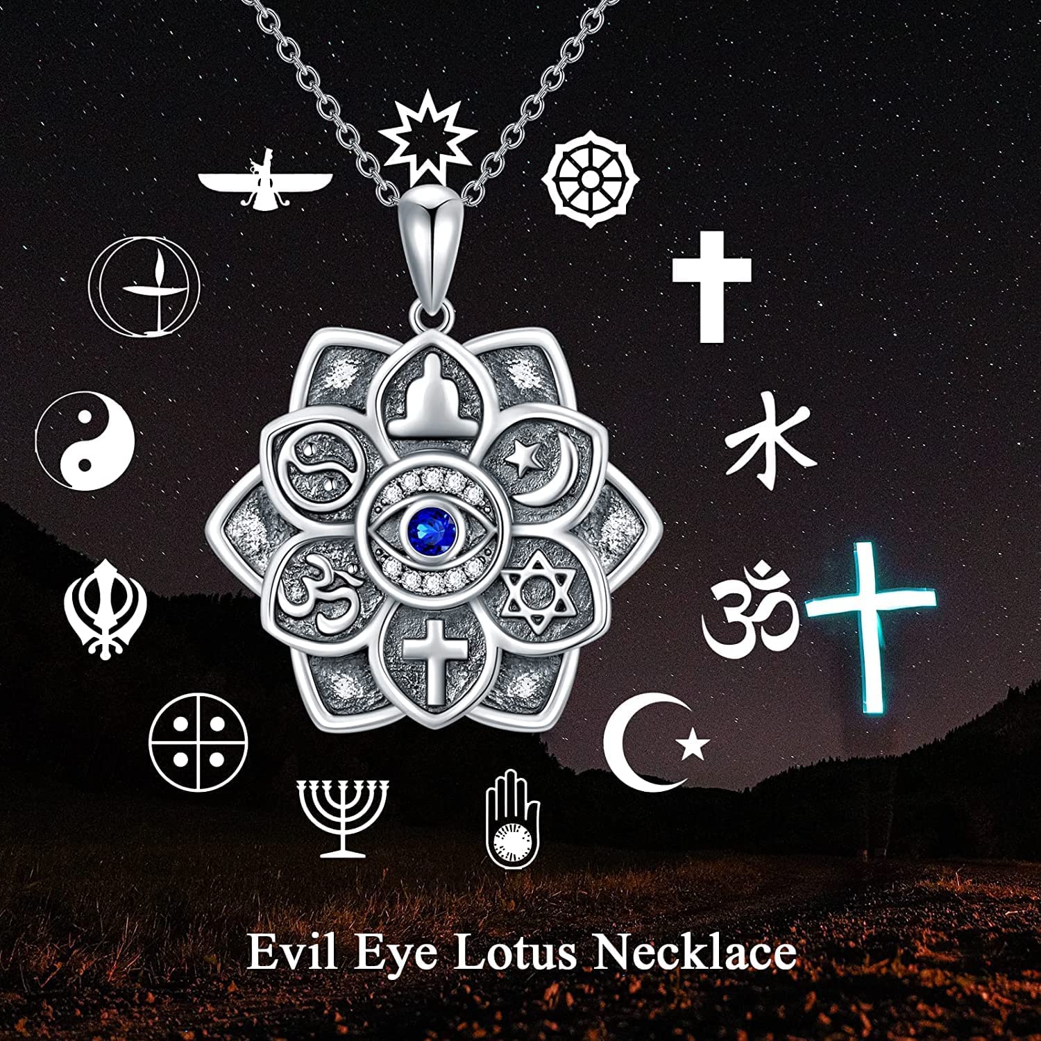 ROMANTICWORK Lotusblume Evil Eye Kette Sterling Silber Lotusblüte Kette Lotus Mondstein Anhänger Halskette Yoga Geschenk Schmuck Amulett für Damen Mädchen